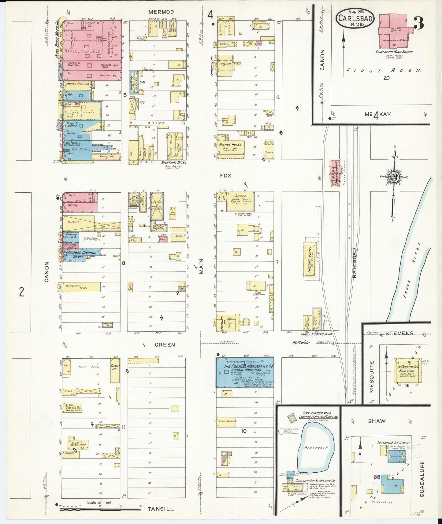 Sanborn Fire Insurance Map from Carlsbad, Eddy County, New Mexico (1913), Sheet #0003 - Historic Sanborn Fire Insurance Map Print, vintage old map wall art, antique decor, genealogy gift, New Mexico New Mexico map