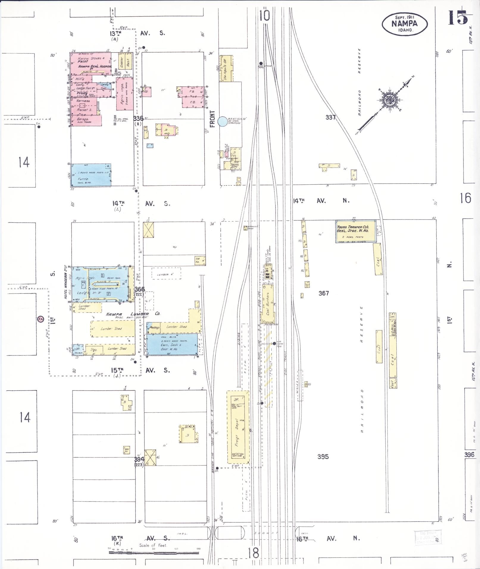 Sanborn Fire Insurance Map from Nampa, Canyon County, Idaho (1911), Sheet #0015 - Historic Sanborn Fire Insurance Map Print, vintage old map wall art, antique decor, genealogy gift, Idaho Idaho map