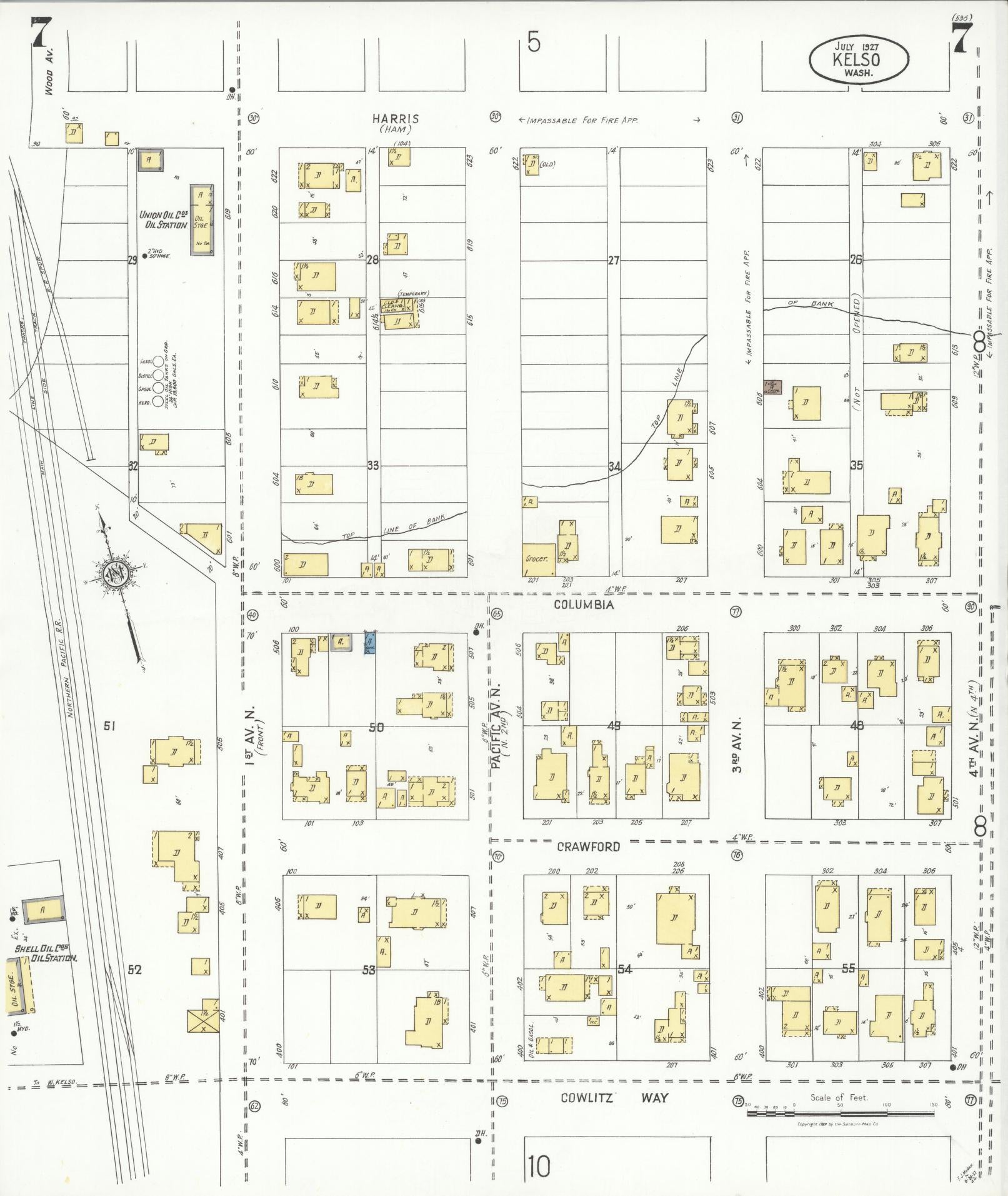 Sanborn Fire Insurance Map from Kelso, Cowlitz County, Washington (1927), Sheet #0007 - Historic Sanborn Fire Insurance Map Print, vintage old map wall art, antique decor, genealogy gift, Washington Washington map