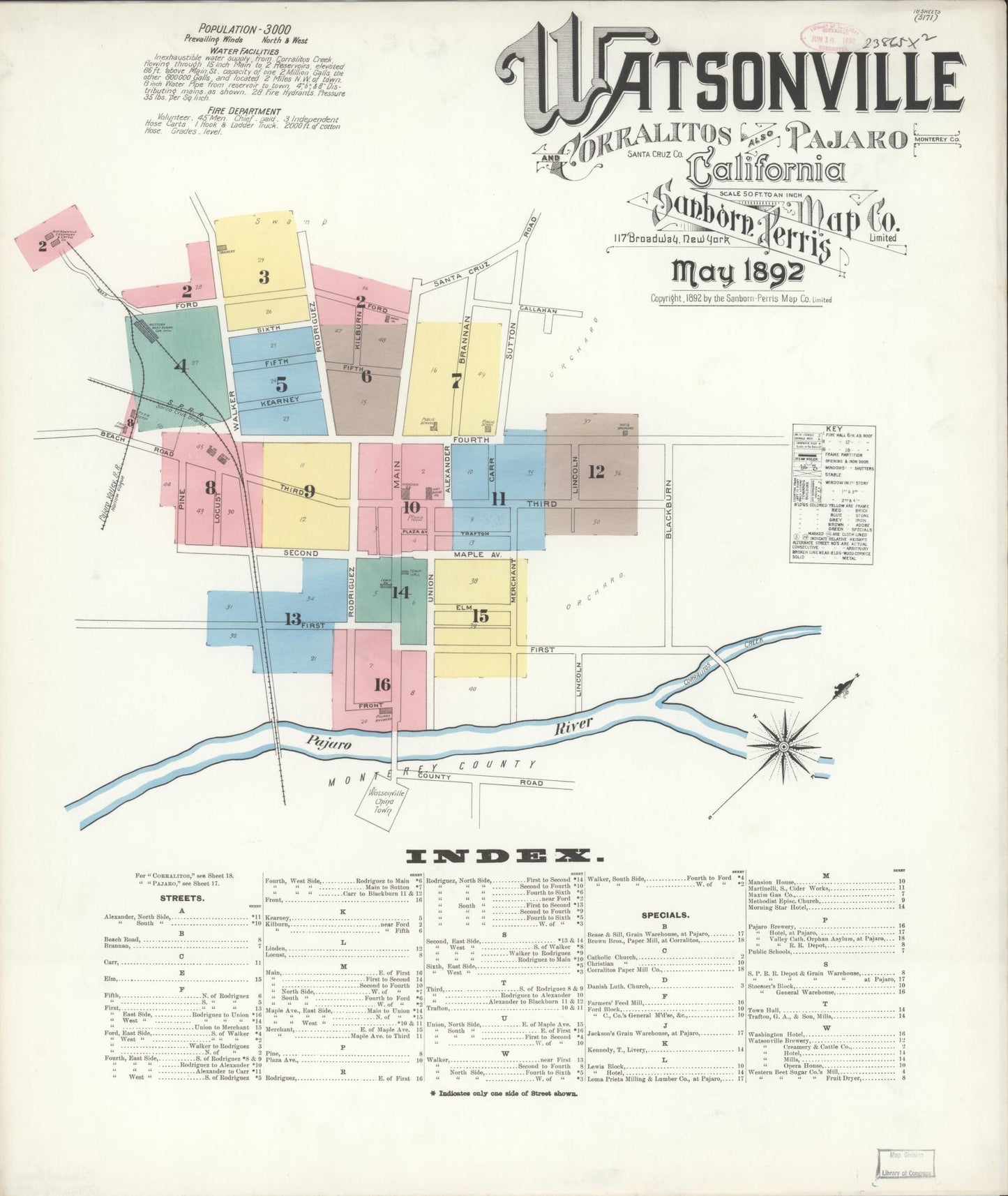 Sanborn Fire Insurance Map from Watsonville, Santa Cruz County, California (1892), Sheet #0001 - Complete Map Set gallery image, historic Sanborn map, vintage wall art, California California
