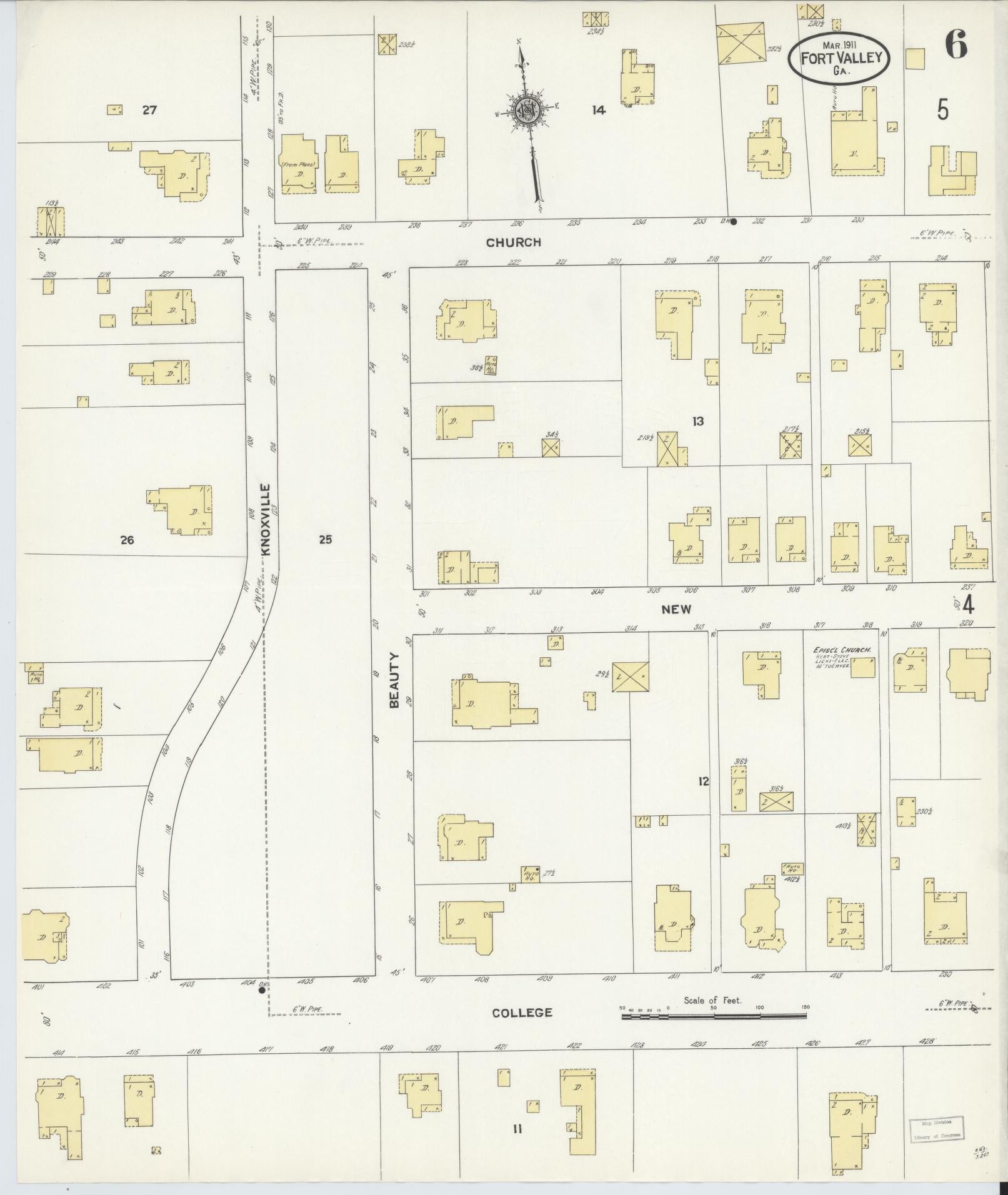 Sanborn Fire Insurance Map from Fort Valley, Peach County, Georgia (1911), Sheet #0006 - Complete Map Set gallery image, historic Sanborn map, vintage wall art, Georgia Georgia