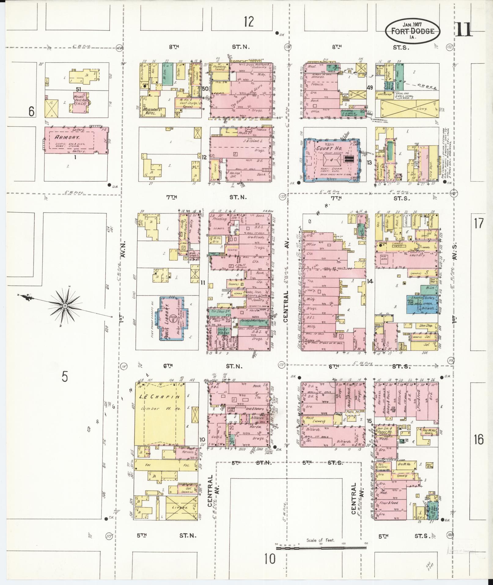 Sanborn Fire Insurance Map from Fort Dodge, Webster County, Iowa (1907), Sheet #0011 - Historic Sanborn Fire Insurance Map Print, vintage old map wall art