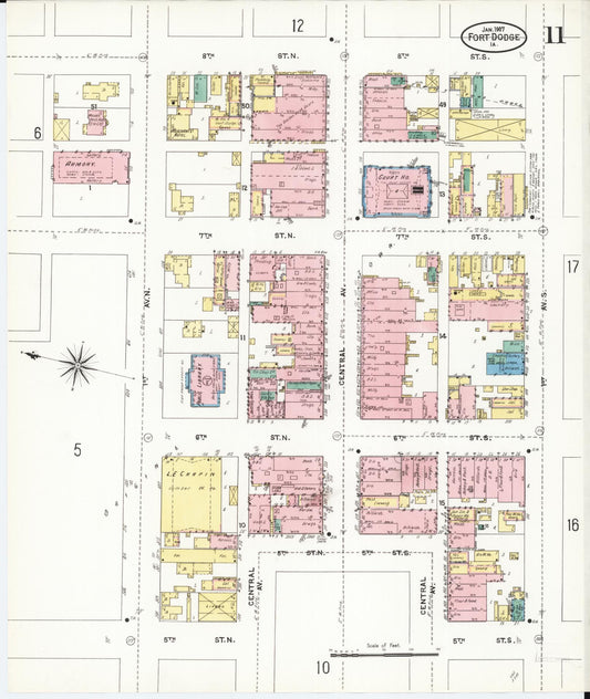 Sanborn Fire Insurance Map from Fort Dodge, Webster County, Iowa (1907), Sheet #0011 - Historic Sanborn Fire Insurance Map Print, vintage old map wall art