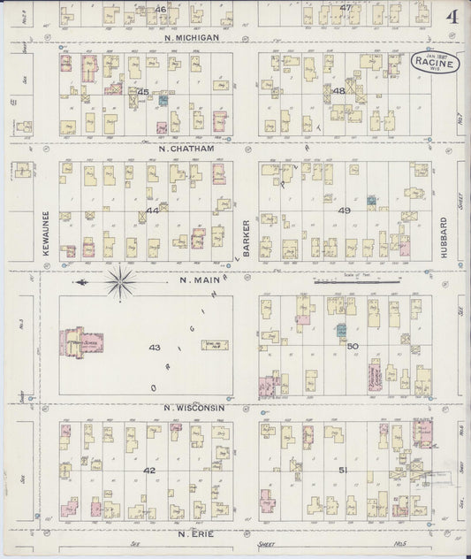 Sanborn Fire Insurance Map from Racine, Racine County, Wisconsin (1887), Sheet #0004 - Historic Sanborn Fire Insurance Map Print, vintage old map wall art, antique decor, genealogy gift, Wisconsin Wisconsin map