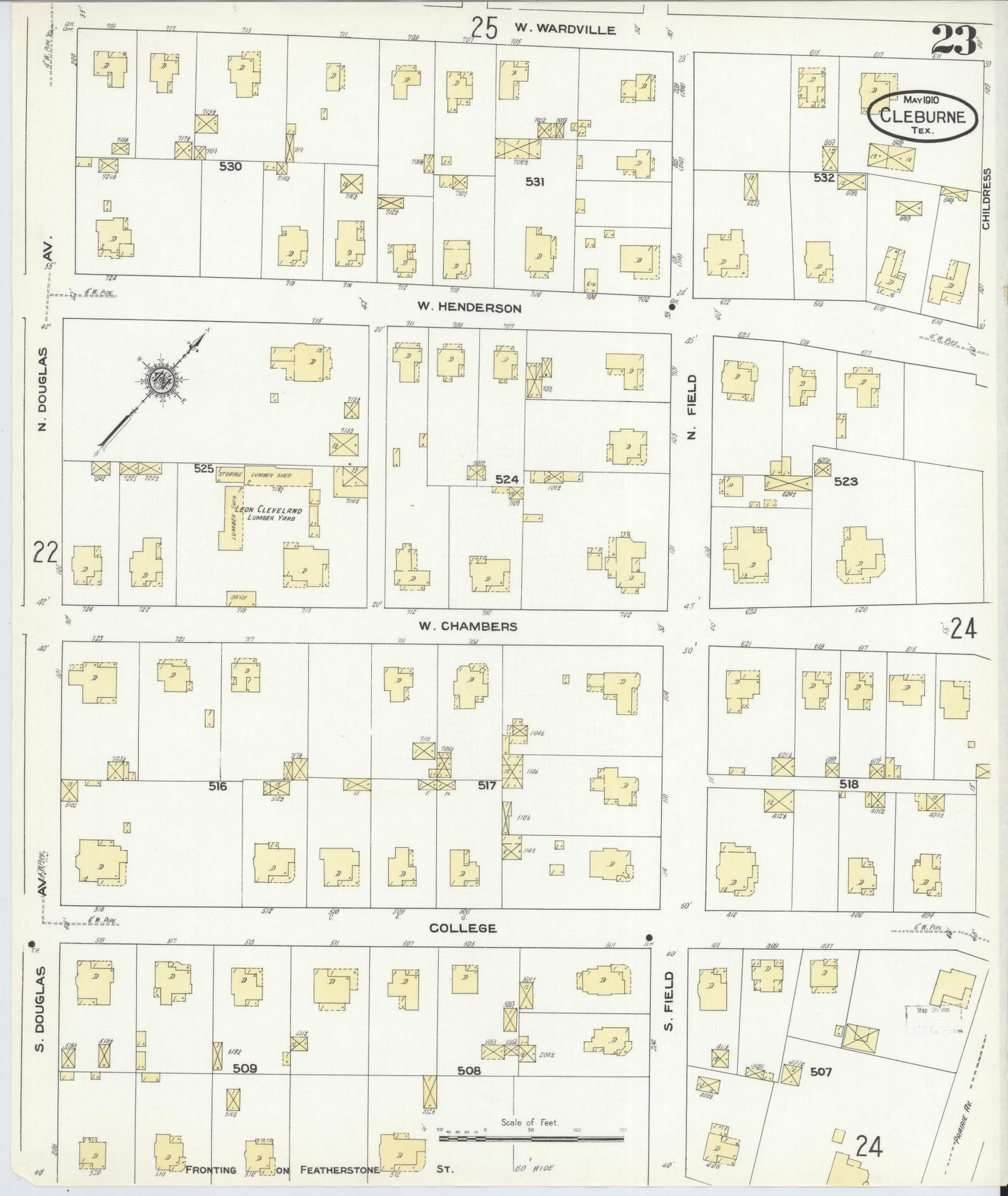 Sanborn Fire Insurance Map from Cleburne, Johnson County, Texas (1910), Sheet #0023 - Historic Sanborn Fire Insurance Map Print, vintage old map wall art, antique decor, genealogy gift, Texas Texas map