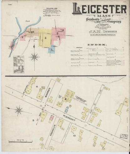 Sanborn Fire Insurance Map from Leicester, Worcester County, Massachusetts (1888), Sheet #0001 - Complete Map Set gallery image, historic Sanborn map, vintage wall art, Massachusetts Massachusetts