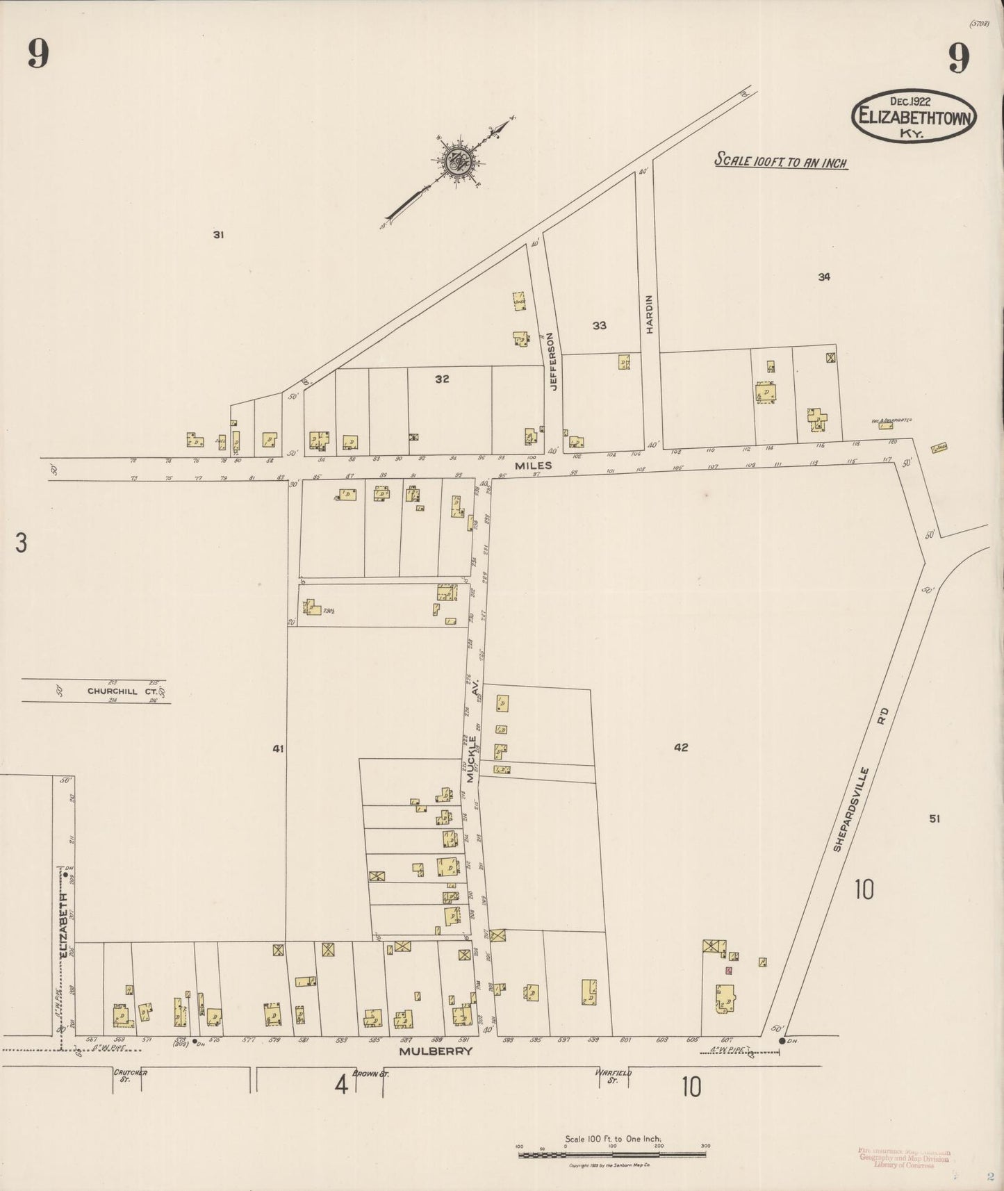 Sanborn Fire Insurance Map from Elizabethtown, Hardin County, Kentucky (1922), Sheet #0009 - Complete Map Set gallery image, historic Sanborn map, vintage wall art, Kentucky Kentucky