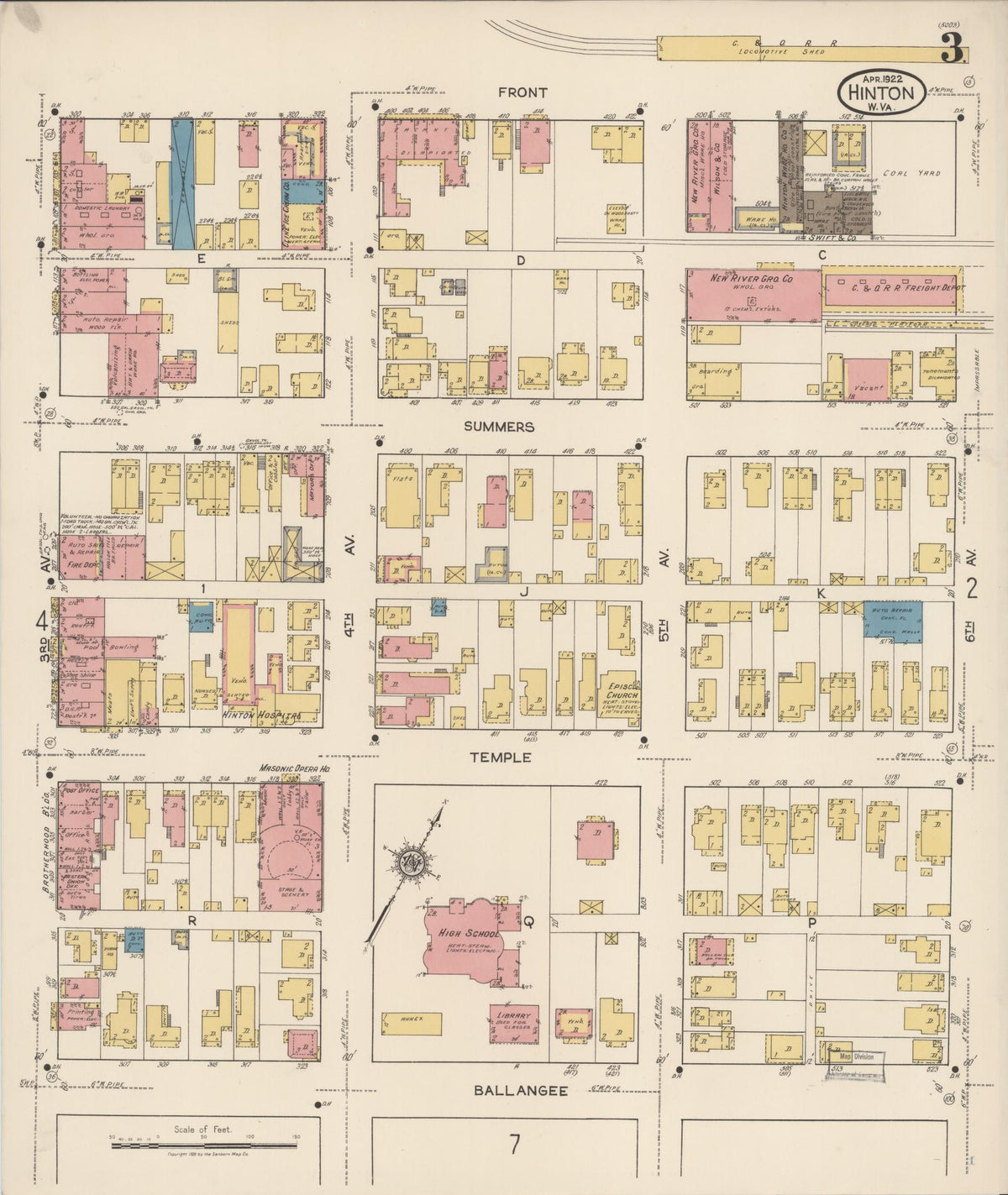 Sanborn Fire Insurance Map from Hinton, Summer County, West Virginia (1922), Sheet #0003 - Complete Map Set gallery image, historic Sanborn map, vintage wall art, West Virginia West Virginia