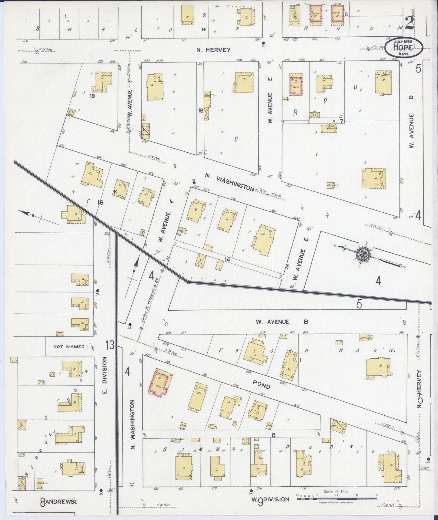 Sanborn Fire Insurance Map from Hope, Hempstead County, Arkansas (1919), Sheet #0002 - Complete Map Set gallery image, historic Sanborn map, vintage wall art, Arkansas Arkansas
