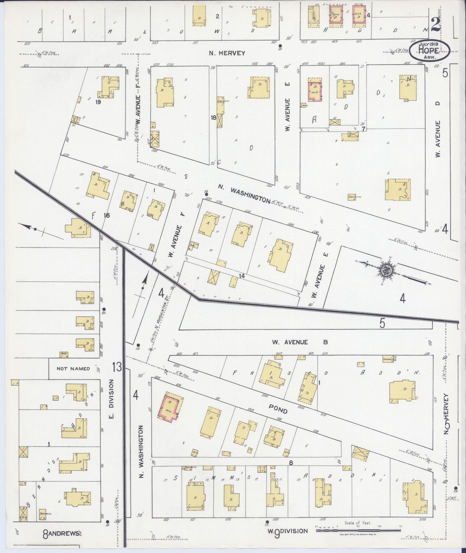 Sanborn Fire Insurance Map from Hope, Hempstead County, Arkansas (1919), Sheet #0002 - Complete Map Set gallery image, historic Sanborn map, vintage wall art, Arkansas Arkansas