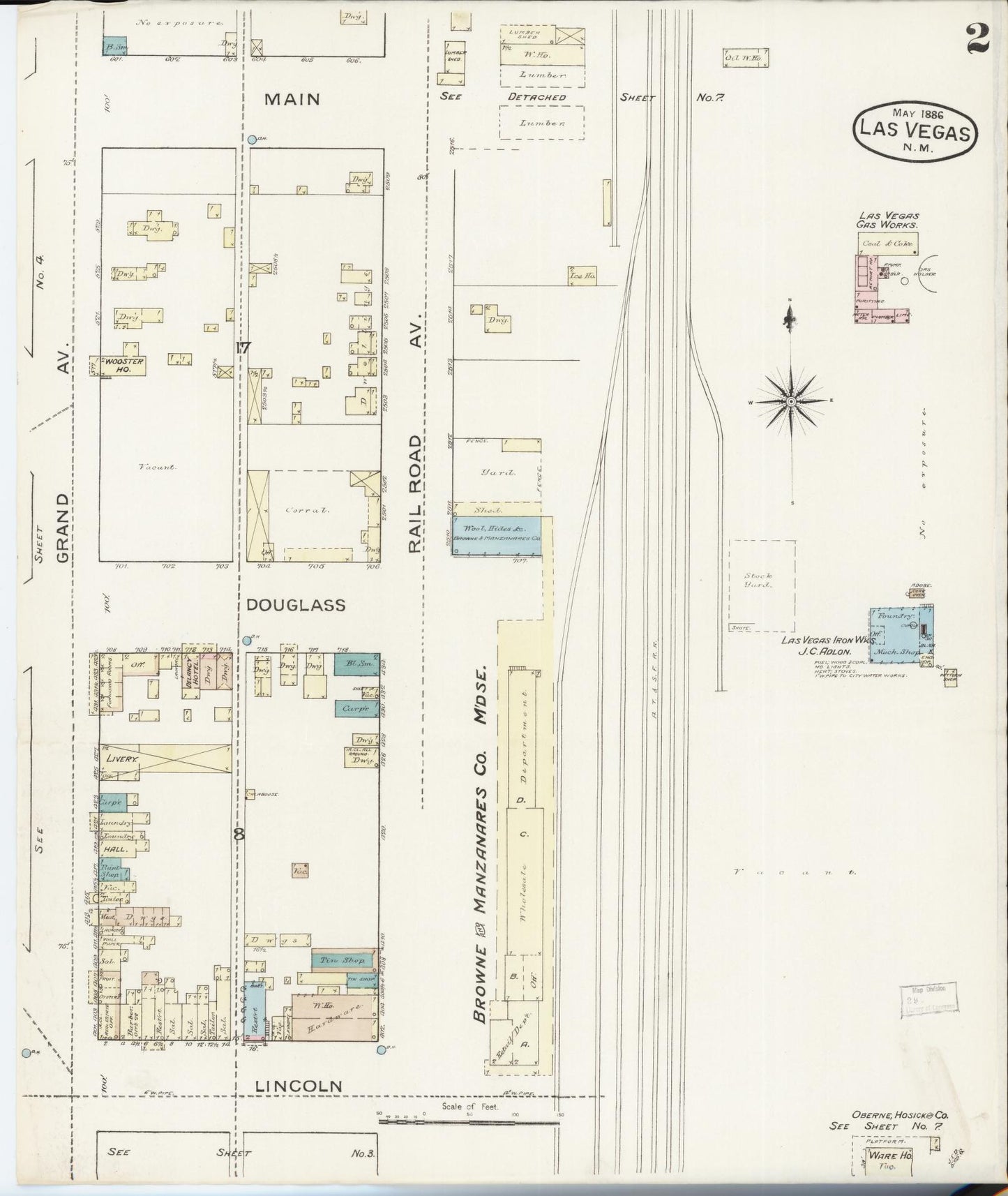 Sanborn Fire Insurance Map from Las Vegas, San Miguel County, New Mexico (1886), Sheet #0002 - Historic Sanborn Fire Insurance Map Print, vintage old map wall art, antique decor, genealogy gift, New Mexico New Mexico map
