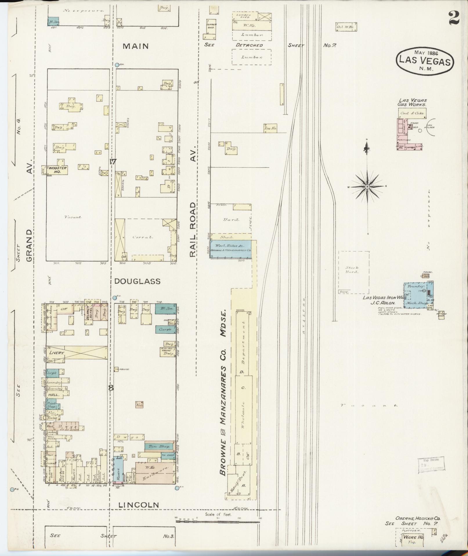 Sanborn Fire Insurance Map from Las Vegas, San Miguel County, New Mexico (1886), Sheet #0002 - Historic Sanborn Fire Insurance Map Print, vintage old map wall art, antique decor, genealogy gift, New Mexico New Mexico map
