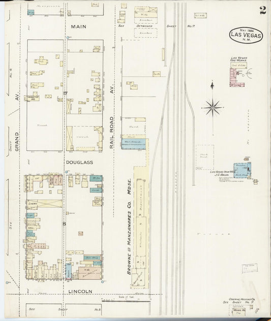 Sanborn Fire Insurance Map from Las Vegas, San Miguel County, New Mexico (1886), Sheet #0002 - Historic Sanborn Fire Insurance Map Print, vintage old map wall art, antique decor, genealogy gift, New Mexico New Mexico map