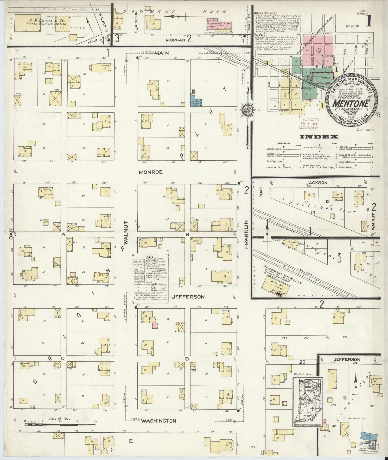 Sanborn Fire Insurance Map from Mentone, Kosciusko County, Indiana (1914), Sheet #0001 - Historic Sanborn Fire Insurance Map Print, vintage old map wall art, antique decor, genealogy gift, Indiana Indiana map