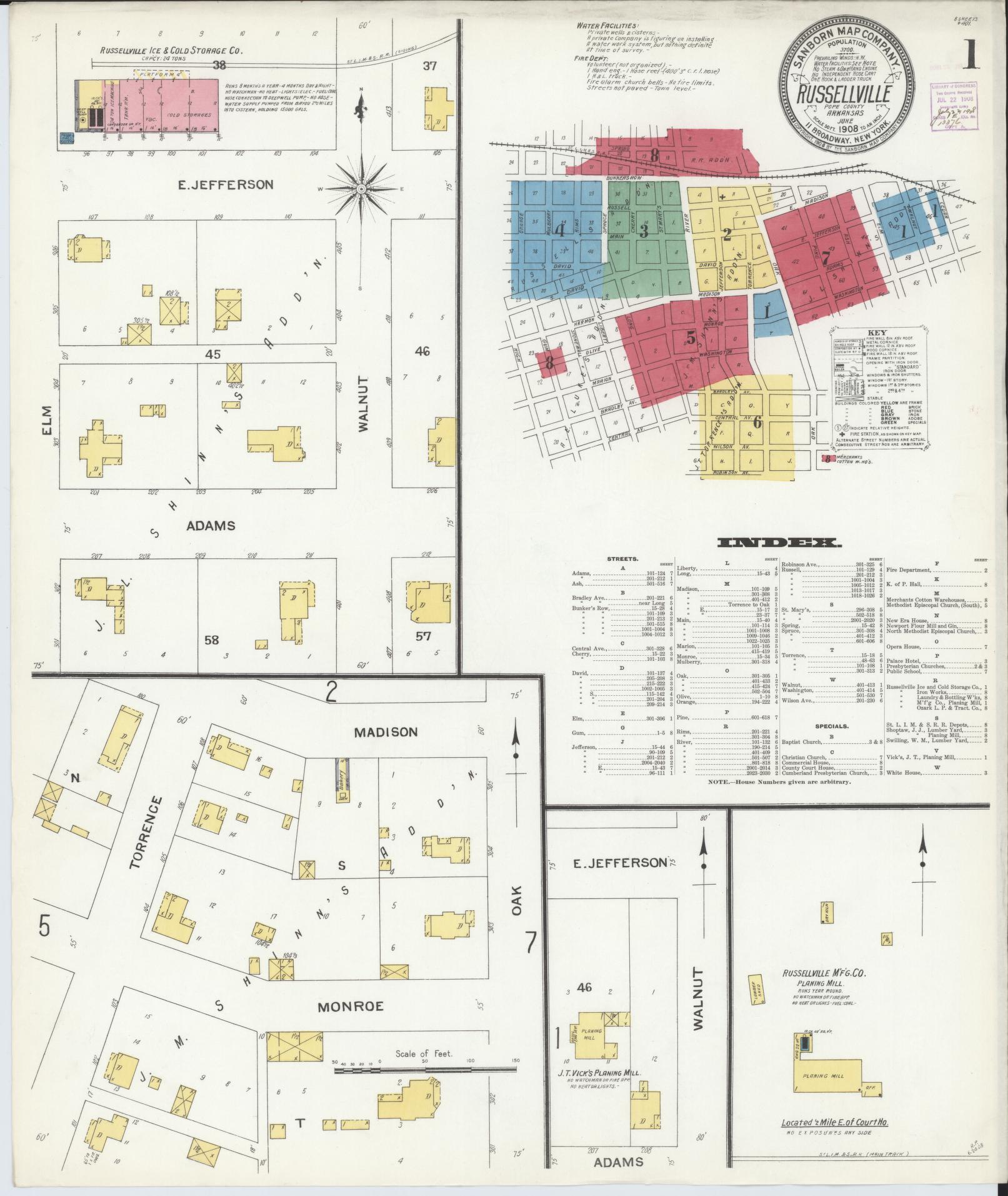 Sanborn Fire Insurance Map from Russellville, Pope County, Arkansas (1908), Sheet #0001 - Historic Sanborn Fire Insurance Map Print, vintage old map wall art, antique decor, genealogy gift, Arkansas Arkansas map