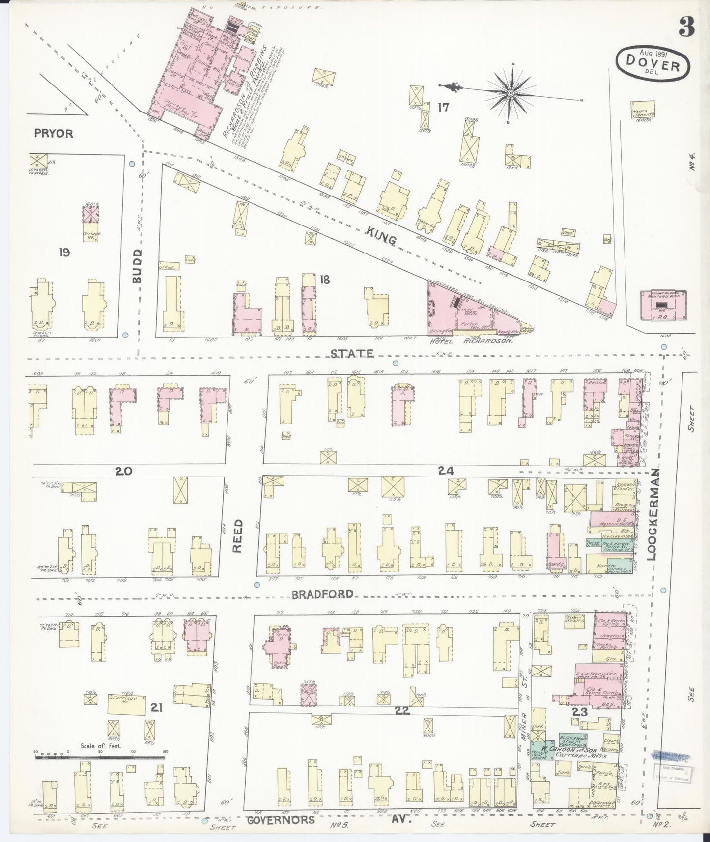 Sanborn Fire Insurance Map from Dover, Kent County, Delaware (1891), Sheet #0003 - Historic Sanborn Fire Insurance Map Print, vintage old map wall art, antique decor, genealogy gift, Delaware Delaware map