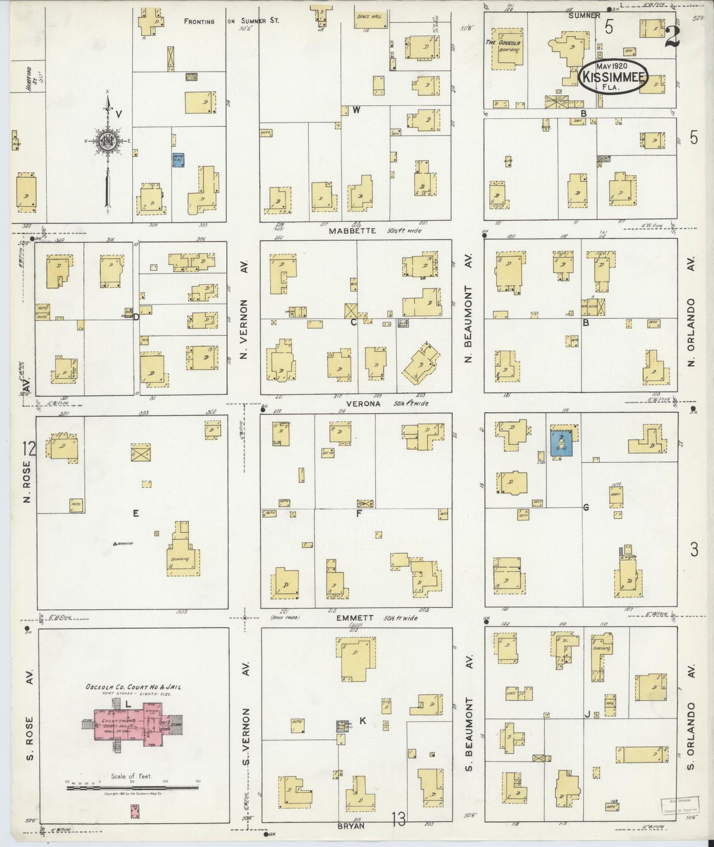 Sanborn Fire Insurance Map from Kissimmee, Osceola County, Florida (1920), Sheet #0002 - Historic Sanborn Fire Insurance Map Print, vintage old map wall art, antique decor, genealogy gift, Florida Florida map