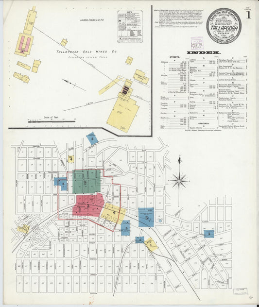 Sanborn Fire Insurance Map from Tallapoosa, Haralson County, Georgia (1909), Sheet #0001 - Historic Sanborn Fire Insurance Map Print, vintage old map wall art, antique decor, genealogy gift, Georgia Georgia map
