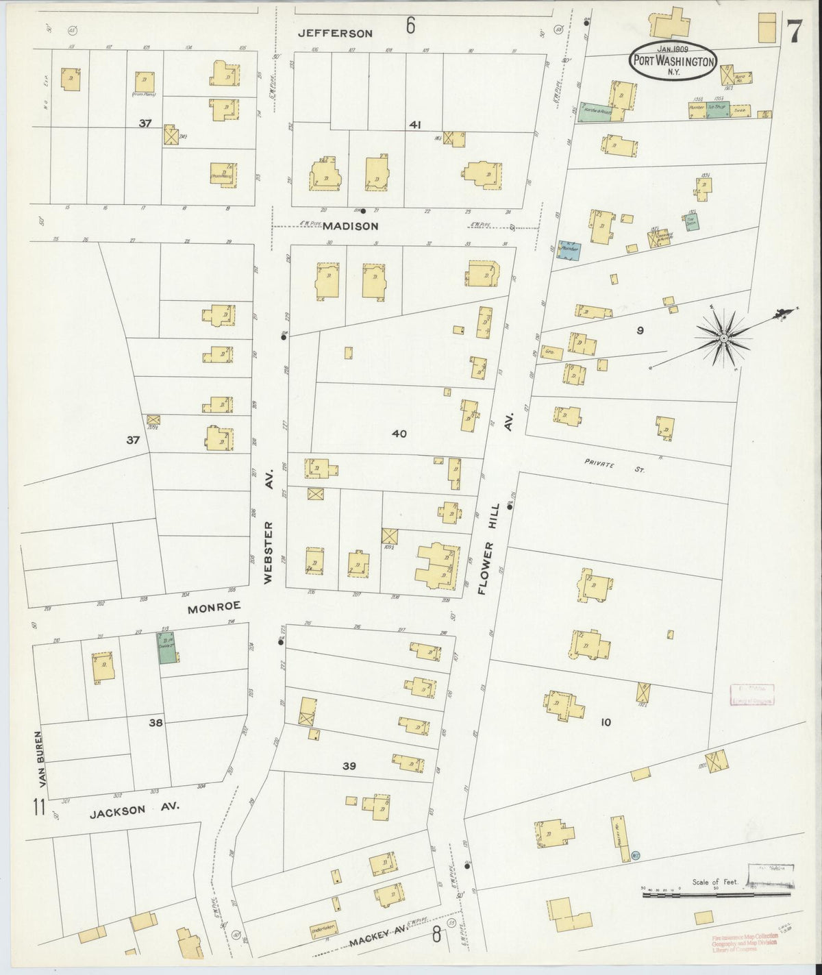 Sanborn Fire Insurance Map from Port Washington, Nassau County, New York (1909), Sheet #0007 - Historic Sanborn Fire Insurance Map Print, vintage old map wall art, antique decor, genealogy gift, New York New York map