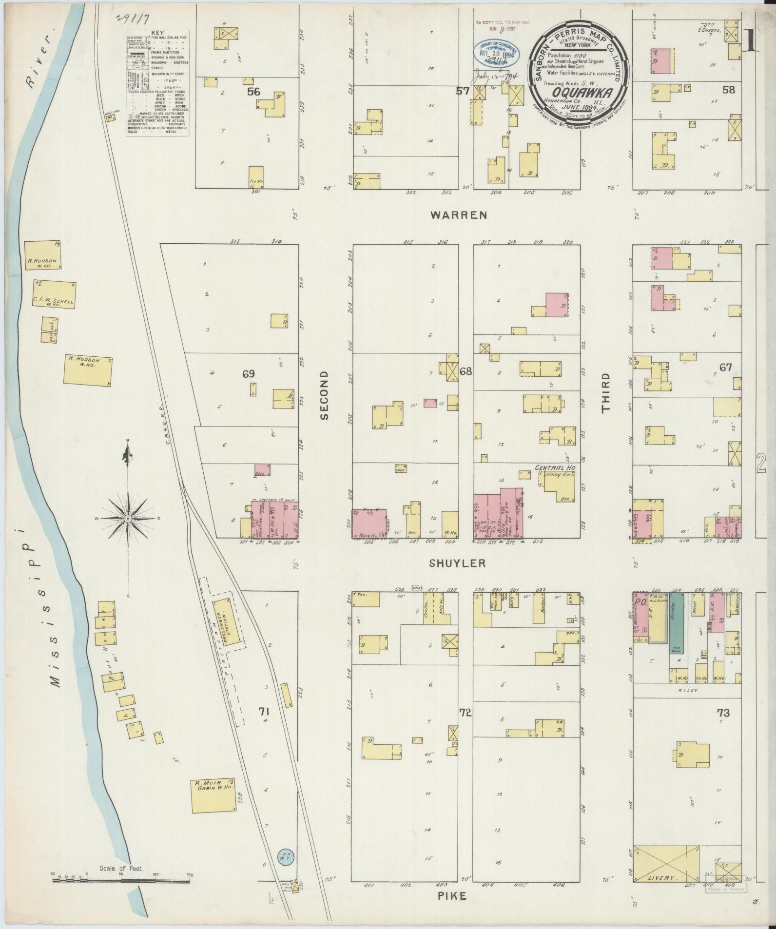 Sanborn Fire Insurance Map from Oquawka, Henderson County, Illinois (1894), Sheet #0001 - Complete Map Set gallery image, historic Sanborn map, vintage wall art, Illinois Illinois