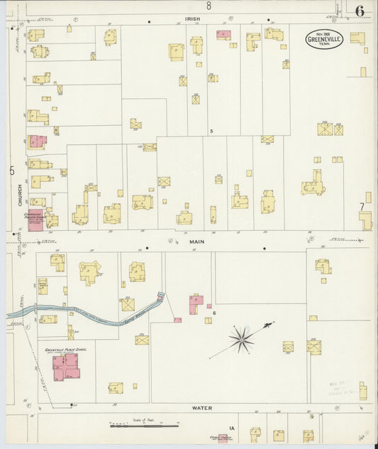 Sanborn Fire Insurance Map from Greeneville, Greene County, Tennessee (1908), Sheet #0006 - Historic Sanborn Fire Insurance Map Print, vintage old map wall art, antique decor, genealogy gift, Tennessee Tennessee map