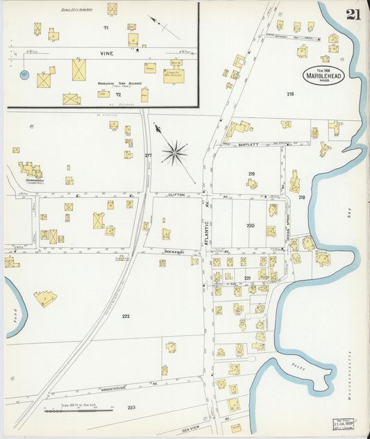 Sanborn Fire Insurance Map from Marblehead, Essex County, Massachusetts (1908), Sheet #0021 - Historic Sanborn Fire Insurance Map Print, vintage old map wall art, antique decor, genealogy gift, Massachusetts Massachusetts map