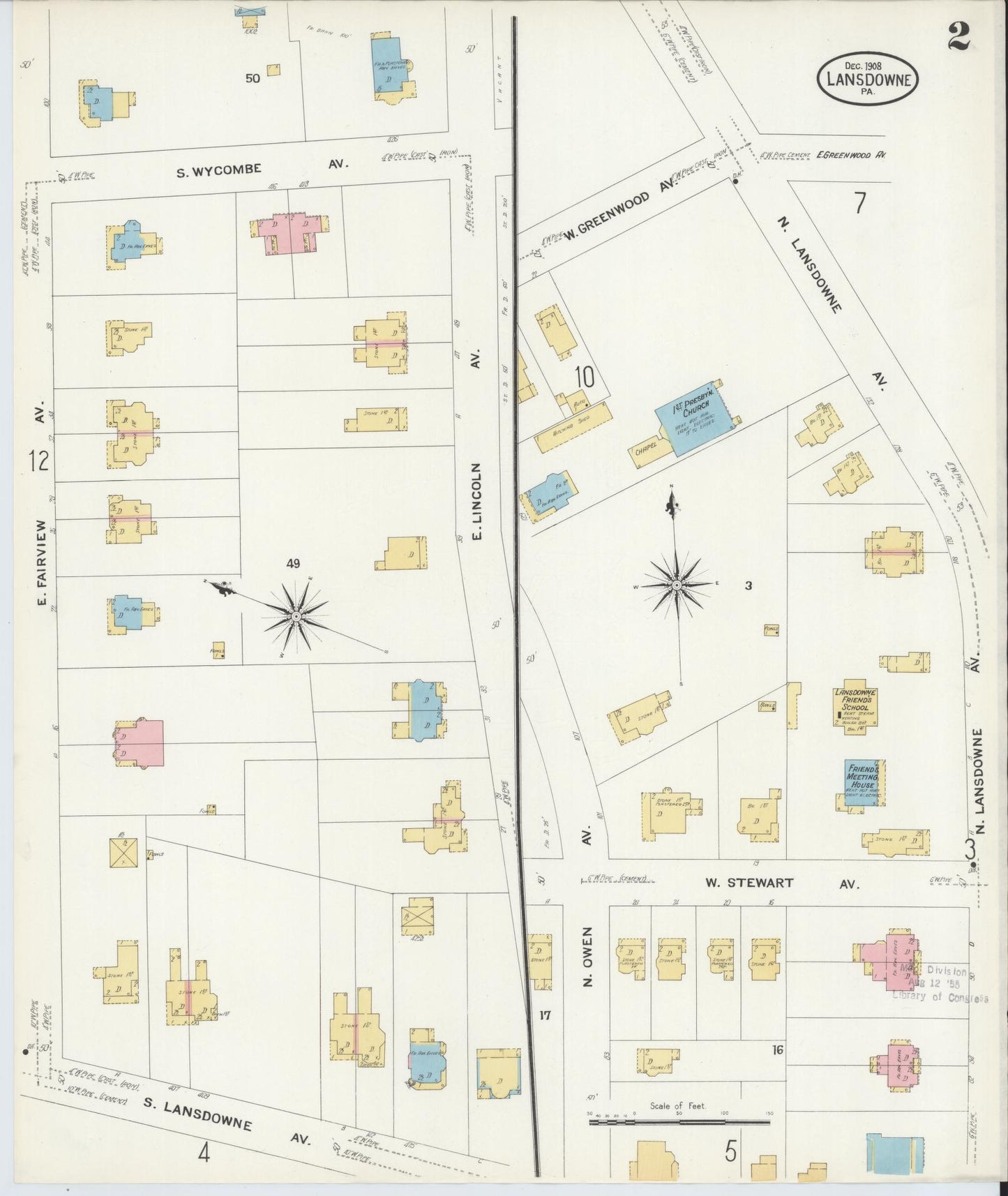 Sanborn Fire Insurance Map from Lansdowne, Delaware County, Pennsylvania (1908), Sheet #0002 - Complete Map Set gallery image, historic Sanborn map, vintage wall art, Lansdowne Delaware