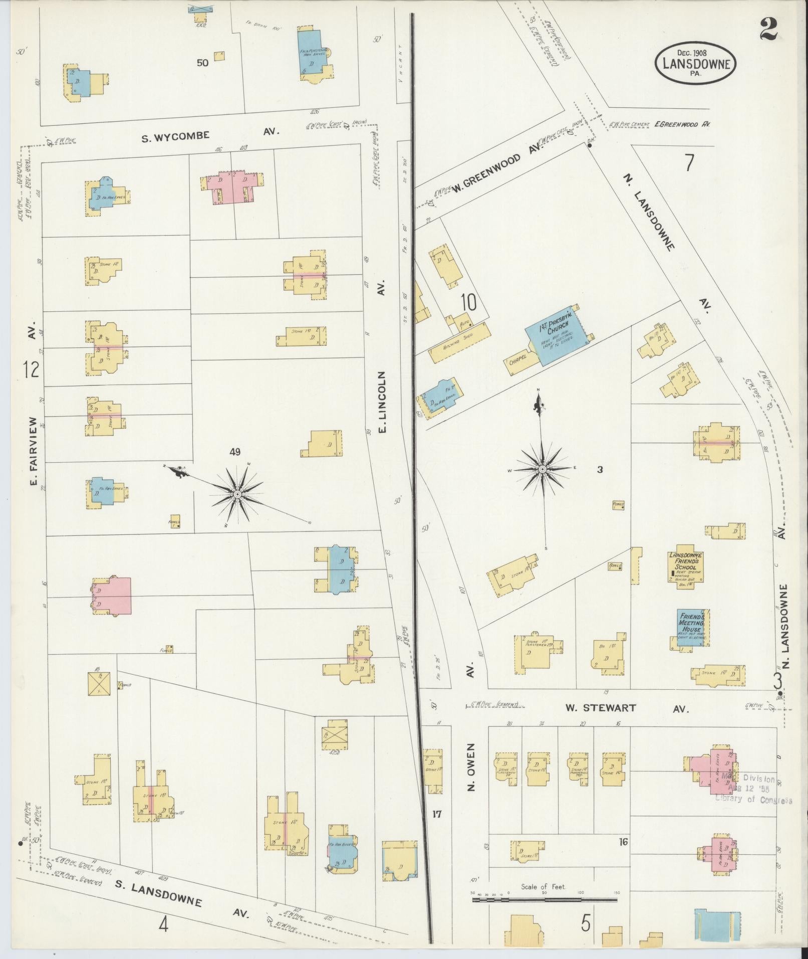 Sanborn Fire Insurance Map from Lansdowne, Delaware County, Pennsylvania (1908), Sheet #0002 - Complete Map Set gallery image, historic Sanborn map, vintage wall art, Lansdowne Delaware