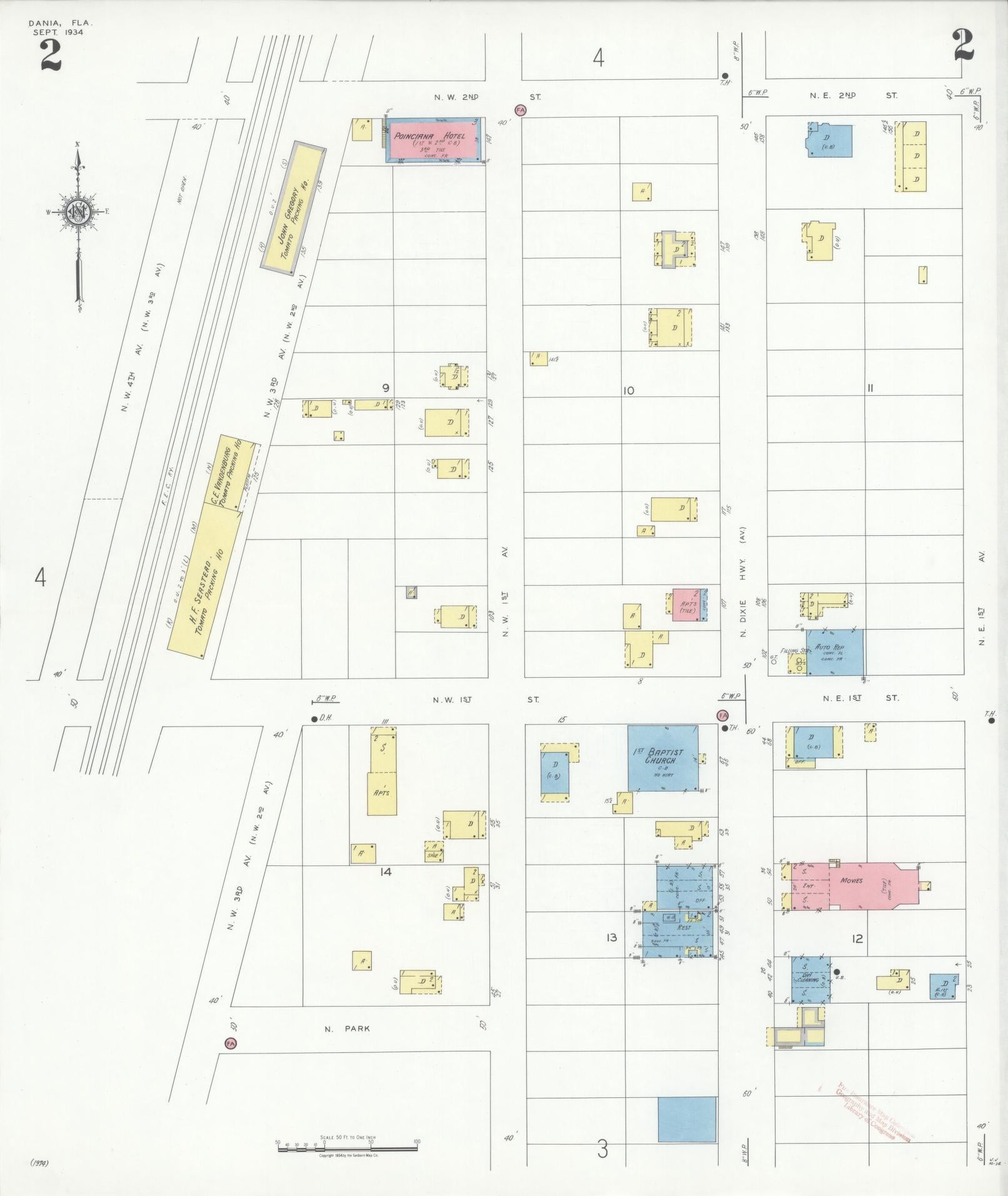 Sanborn Fire Insurance Map from Dania, Broward County, Florida (1934), Sheet #0002 - Historic Sanborn Fire Insurance Map Print, vintage old map wall art, antique decor, genealogy gift, Florida Florida map