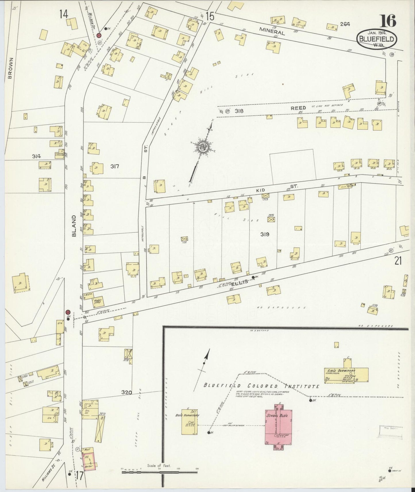 Sanborn Fire Insurance Map from Bluefield, Mercer County, West Virginia (1914), Sheet #0016 - Historic Sanborn Fire Insurance Map Print, vintage old map wall art, antique decor, genealogy gift, West Virginia West Virginia map