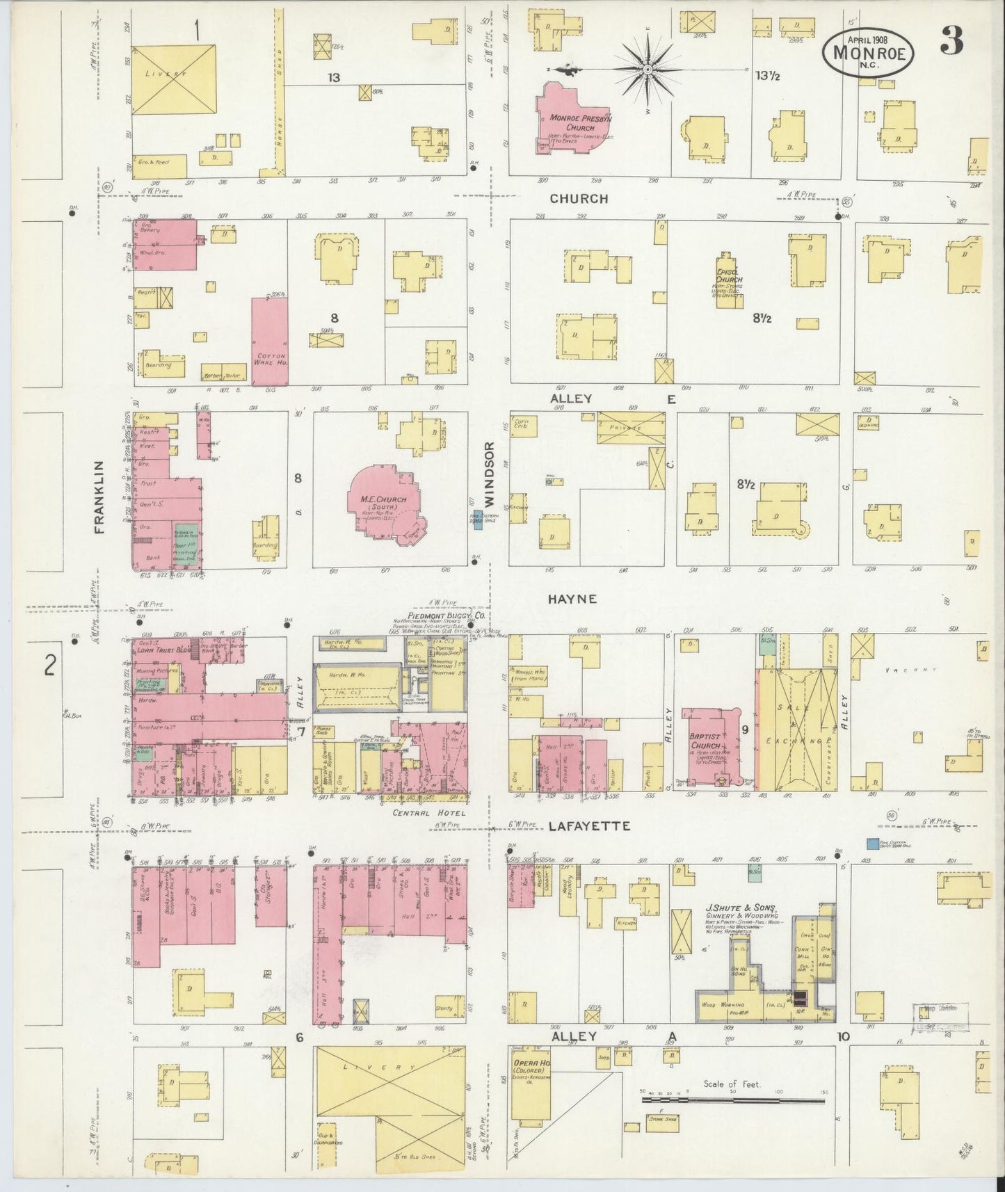 Sanborn Fire Insurance Map from Monroe, Union County, North Carolina (1908), Sheet #0003 - Complete Map Set gallery image, historic Sanborn map, vintage wall art, North Carolina North Carolina
