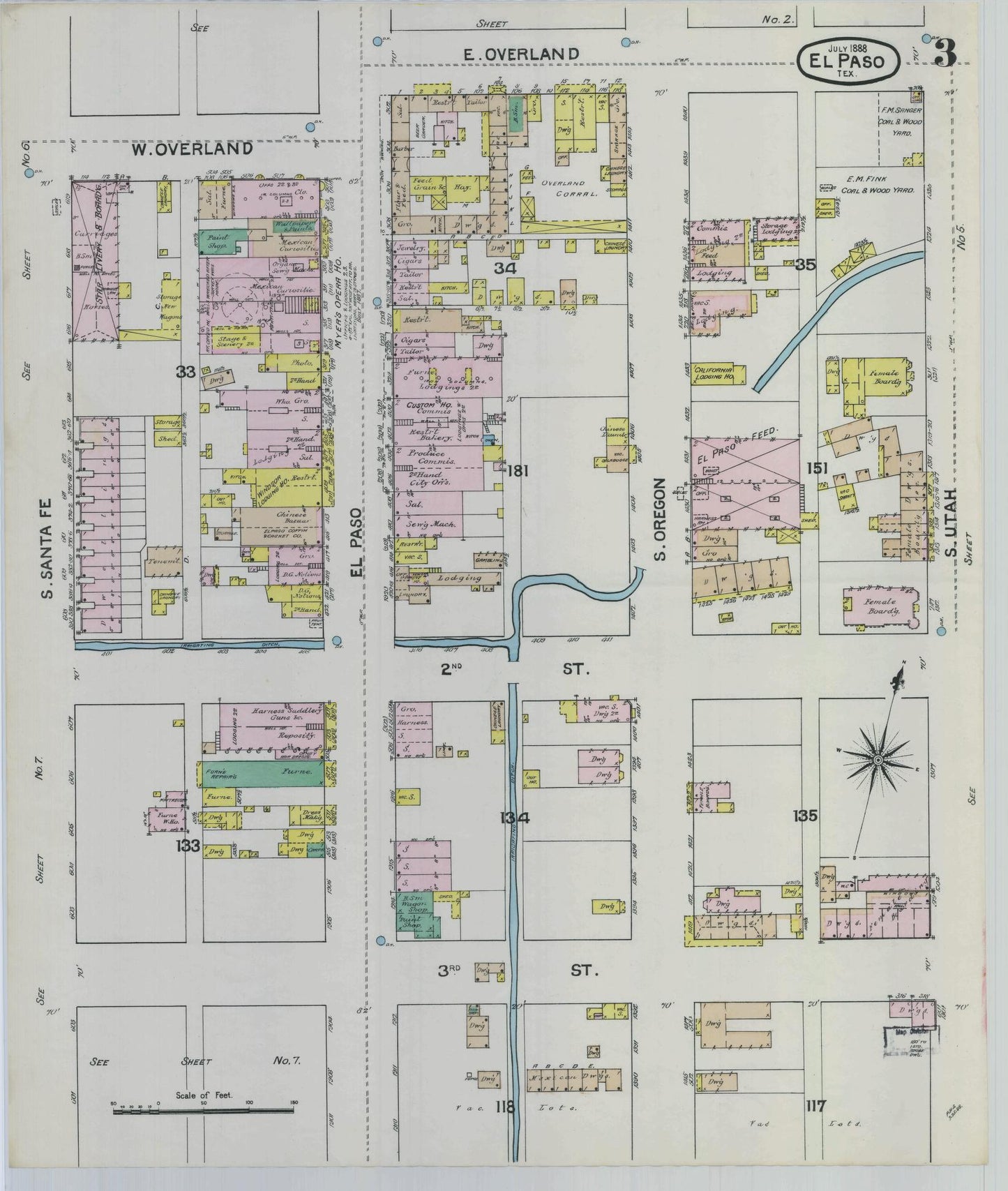 Sanborn Fire Insurance Map from El Paso, El Paso County, Texas (1888), Sheet #0003 - Historic Sanborn Fire Insurance Map Print, vintage old map wall art, antique decor, genealogy gift, Texas Texas map