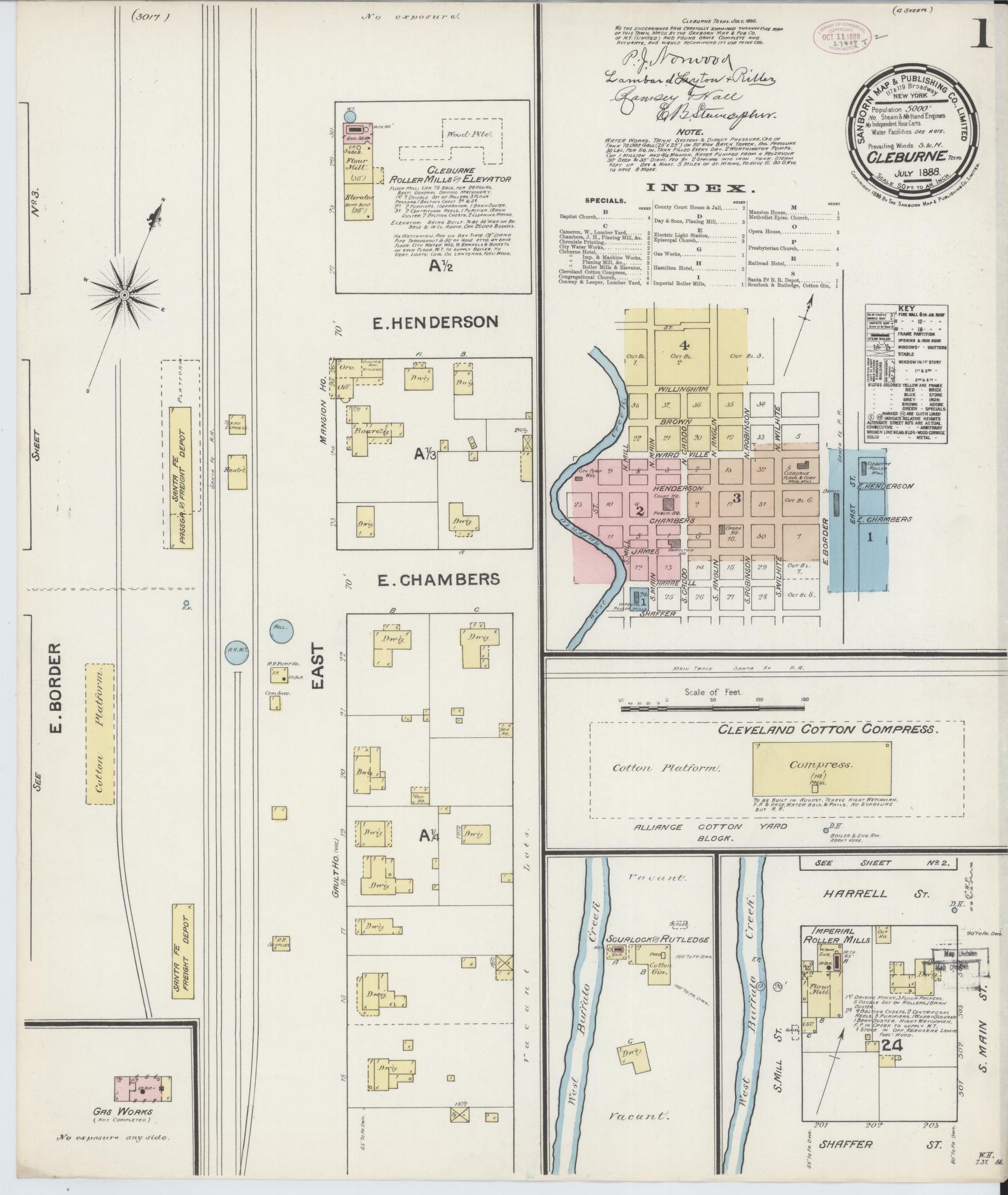 Sanborn Fire Insurance Map from Cleburne, Johnson County, Texas (1888), Sheet #0001 - Historic Sanborn Fire Insurance Map Print, vintage old map wall art, antique decor, genealogy gift, Texas Texas map