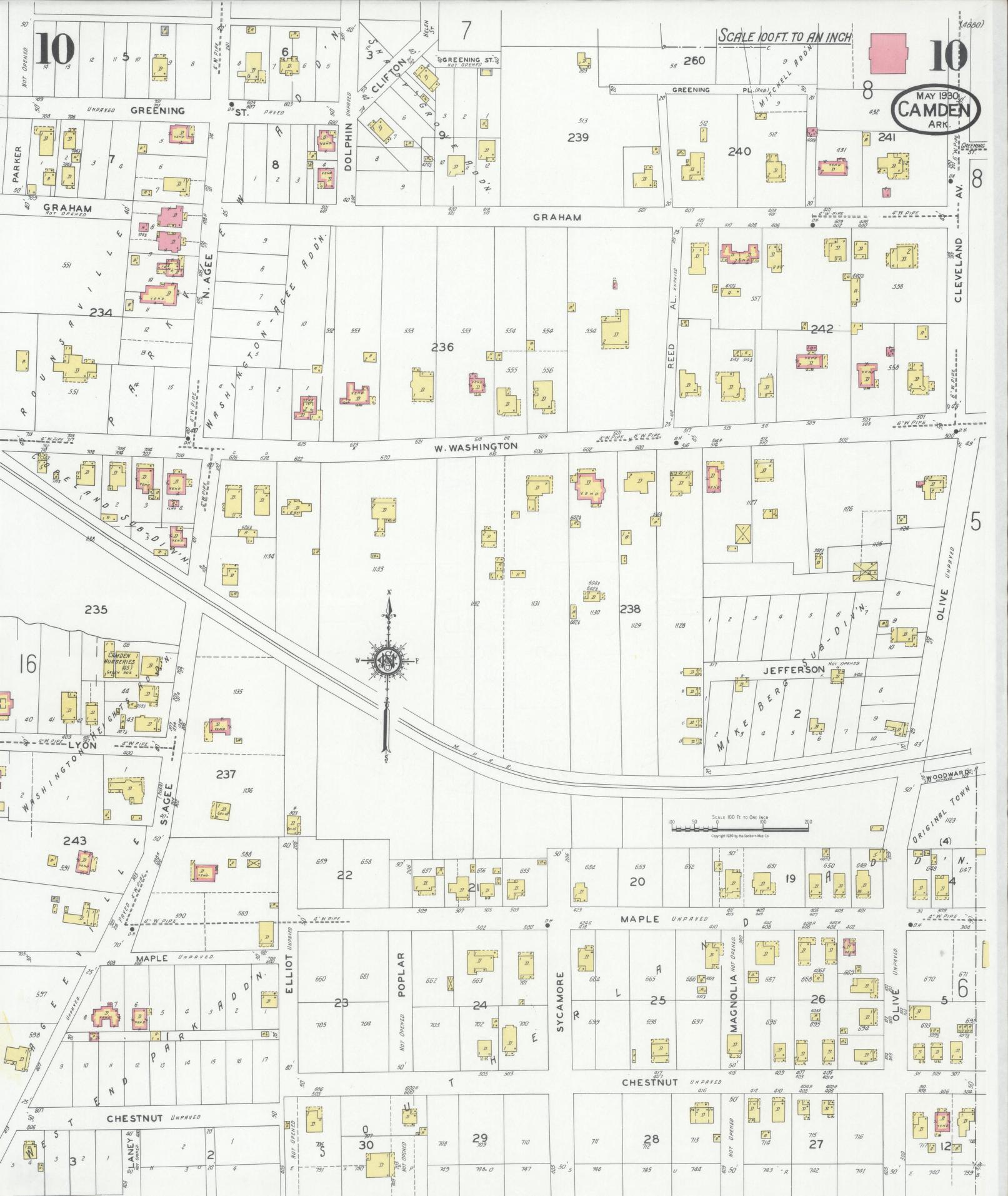 Sanborn Fire Insurance Map from Camden, Ouachita County, Arkansas (1930), Sheet #0010 - Complete Map Set gallery image, historic Sanborn map, vintage wall art, Arkansas Arkansas