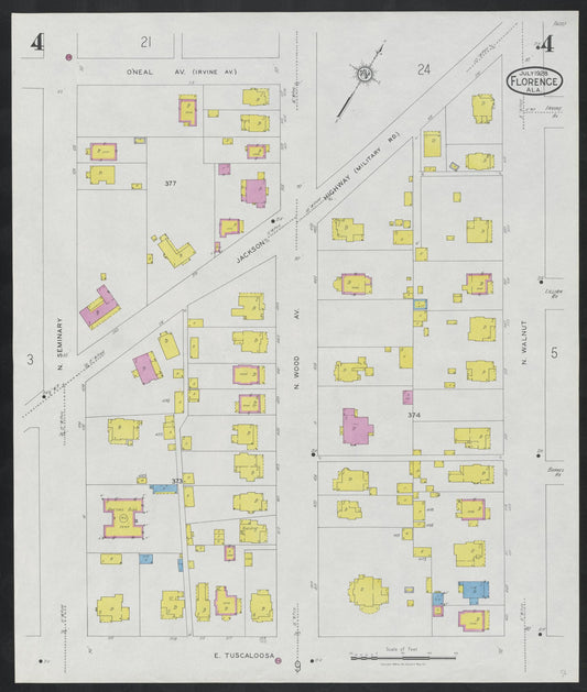 Sanborn Fire Insurance Map from Florence, Lauderdale County, Alabama (1928), Sheet #0004 - Historic Sanborn Fire Insurance Map Print, vintage old map wall art, antique decor, genealogy gift, Alabama Alabama map