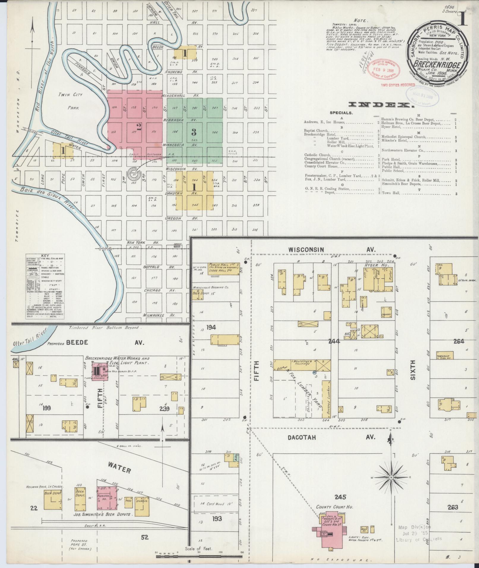 Sanborn Fire Insurance Map from Breckenridge, Wilkin County, Minnesota (1898), Sheet #0001 - Complete Map Set gallery image, historic Sanborn map, vintage wall art, Minnesota Minnesota