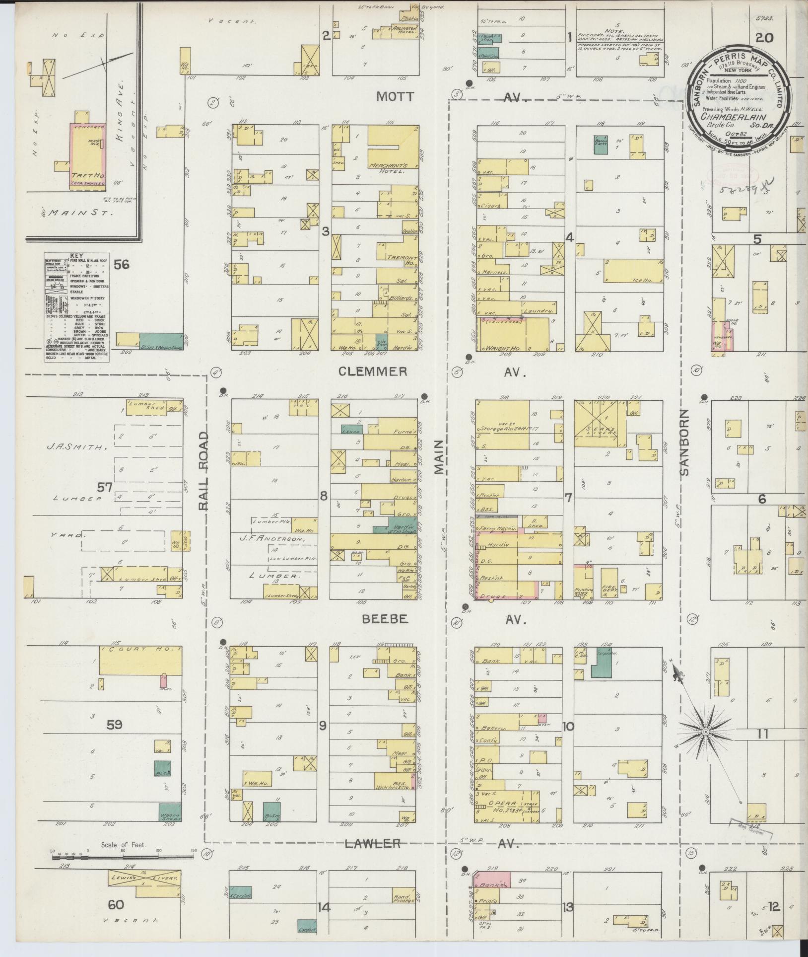 Sanborn Fire Insurance Map from Chamberlain, Brule County, South Dakota (1892), Sheet #0001 - Historic Sanborn Fire Insurance Map Print, vintage old map wall art, antique decor, genealogy gift, South Dakota South Dakota map