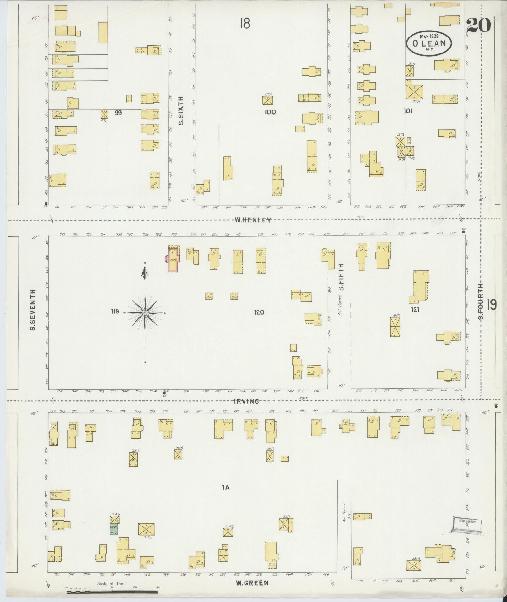 Sanborn Fire Insurance Map from Olean, Cattaraugus County, New York (1898), Sheet #0020 - Historic Sanborn Fire Insurance Map Print, vintage old map wall art, antique decor, genealogy gift, New York New York map