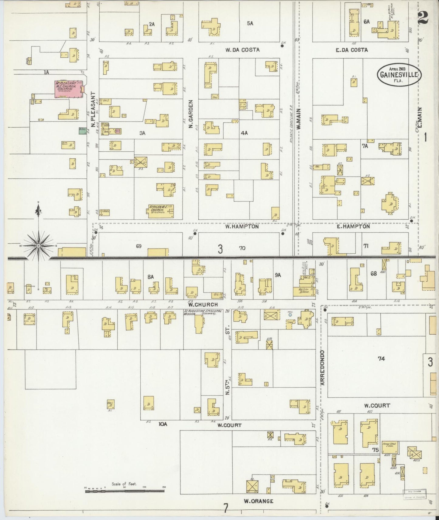 Sanborn Fire Insurance Map from Gainesville, Alachua County, Florida (1903), Sheet #0002 - Complete Map Set gallery image, historic Sanborn map, vintage wall art, Florida Florida