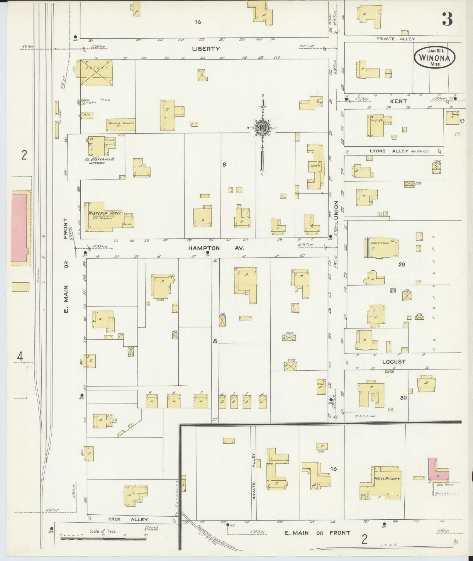 Sanborn Fire Insurance Map from Winona, Montgomery County, Mississippi (1911), Sheet #0003 - Complete Map Set gallery image, historic Sanborn map, vintage wall art, Mississippi Mississippi