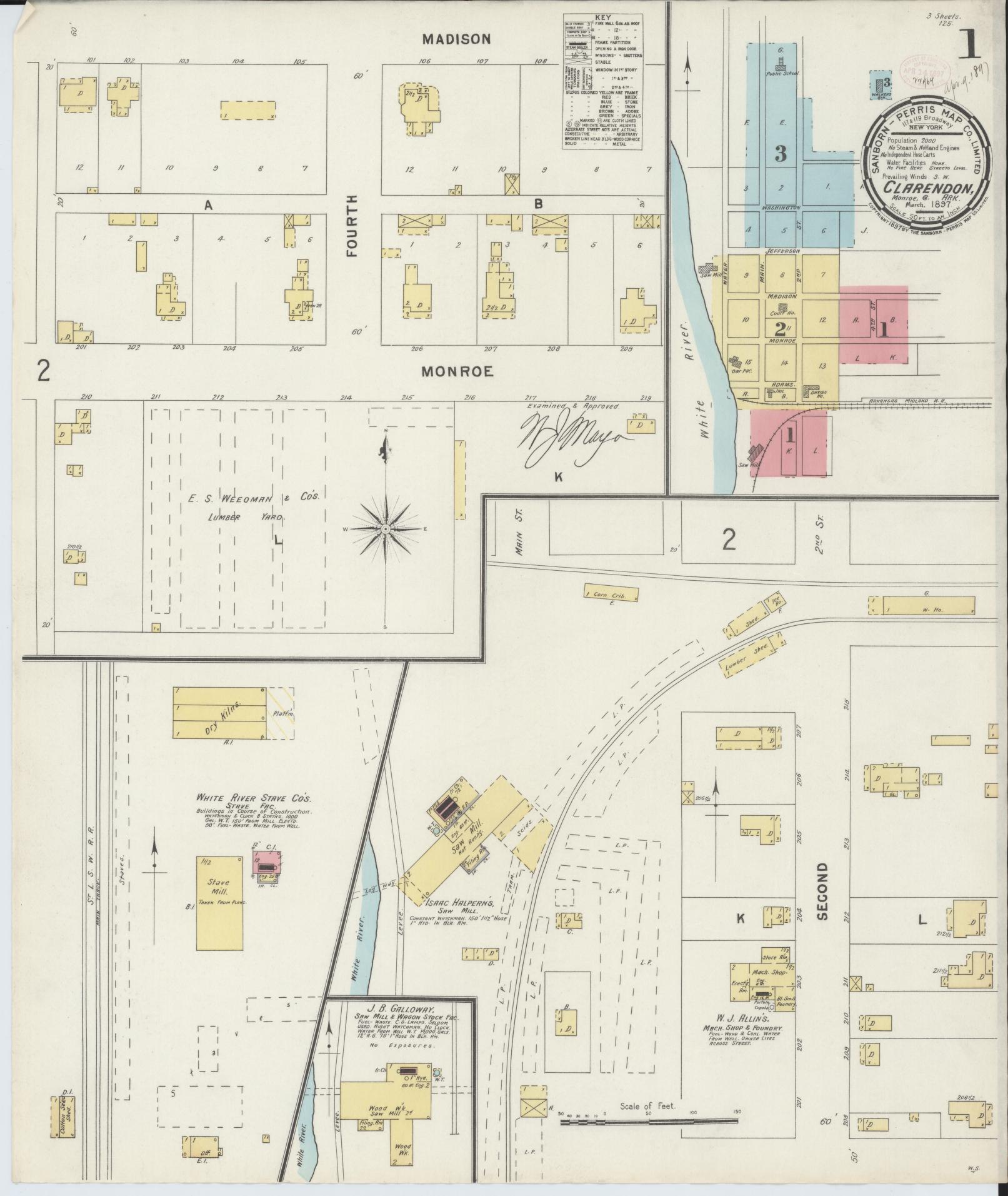 Sanborn Fire Insurance Map from Clarendon, Monroe County, Arkansas (1897), Sheet #0001 - Historic Sanborn Fire Insurance Map Print, vintage old map wall art, antique decor, genealogy gift, Arkansas Arkansas map