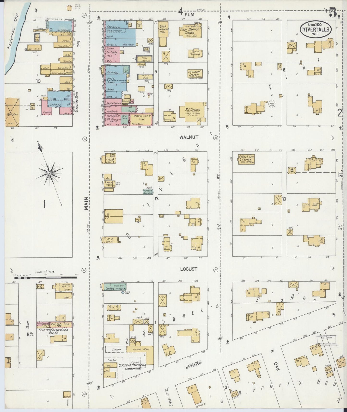 Sanborn Fire Insurance Map from River Falls, St. Croix and Pierce Counties, Wisconsin (1900), Sheet #0005 - Historic Sanborn Fire Insurance Map Print, vintage old map wall art, antique decor, genealogy gift, Wisconsin Wisconsin map