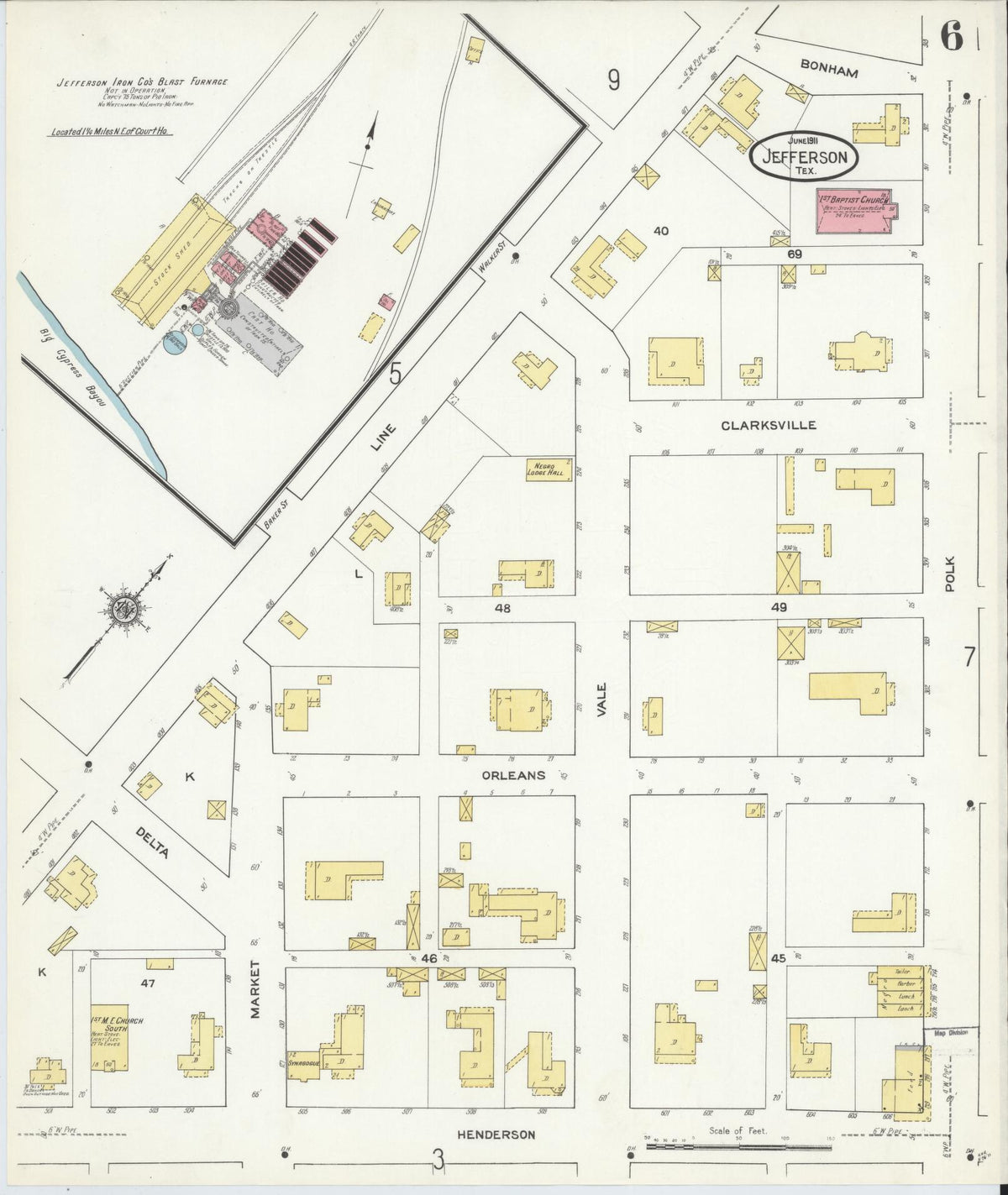 Sanborn Fire Insurance Map from Jefferson, Marion County, Texas (1911), Sheet #0006 - Historic Sanborn Fire Insurance Map Print, vintage old map wall art, antique decor, genealogy gift, Texas Texas map