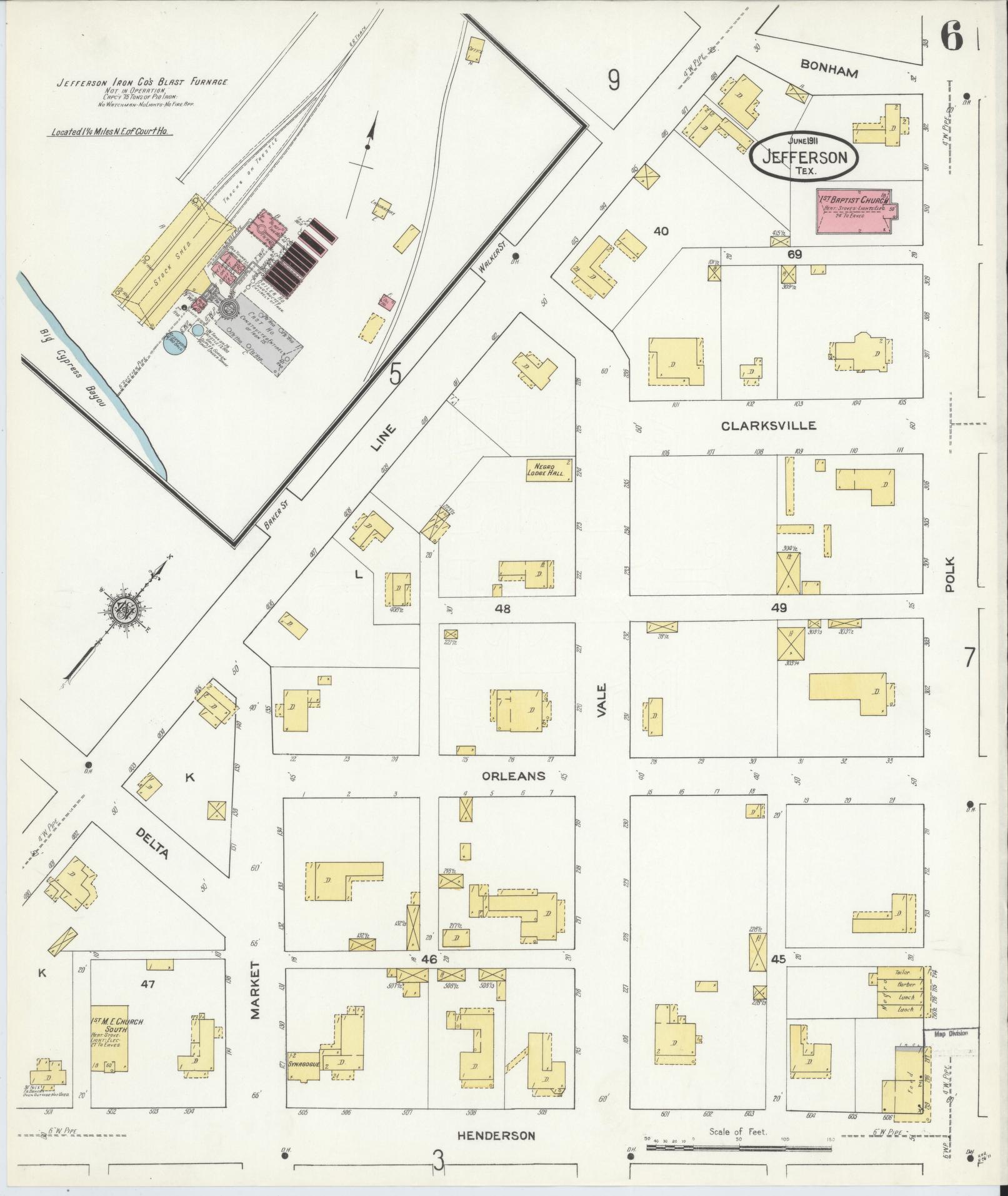 Sanborn Fire Insurance Map from Jefferson, Marion County, Texas (1911), Sheet #0006 - Historic Sanborn Fire Insurance Map Print, vintage old map wall art, antique decor, genealogy gift, Texas Texas map