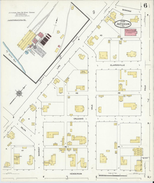Sanborn Fire Insurance Map from Jefferson, Marion County, Texas (1911), Sheet #0006 - Historic Sanborn Fire Insurance Map Print, vintage old map wall art, antique decor, genealogy gift, Texas Texas map