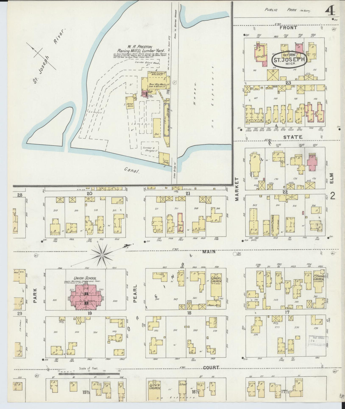Sanborn Fire Insurance Map from Saint Joseph, Berrien County, Michigan (1896), Sheet #0004 - Historic Sanborn Fire Insurance Map Print, vintage old map wall art, antique decor, genealogy gift, Michigan Michigan map
