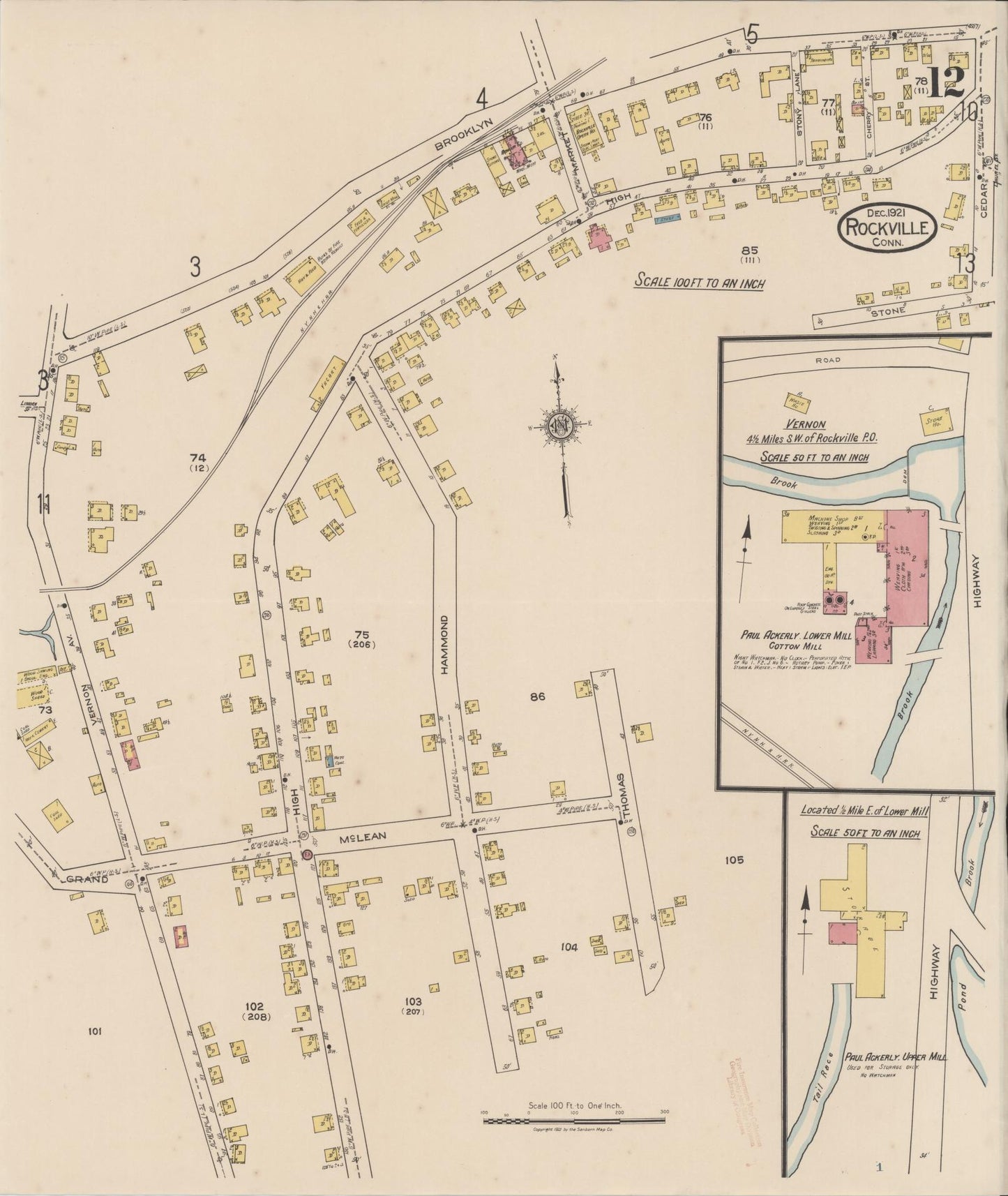 Sanborn Fire Insurance Map from Rockville, Tolland County, Connecticut (1921), Sheet #0012 - Complete Map Set gallery image, historic Sanborn map, vintage wall art, Connecticut Connecticut