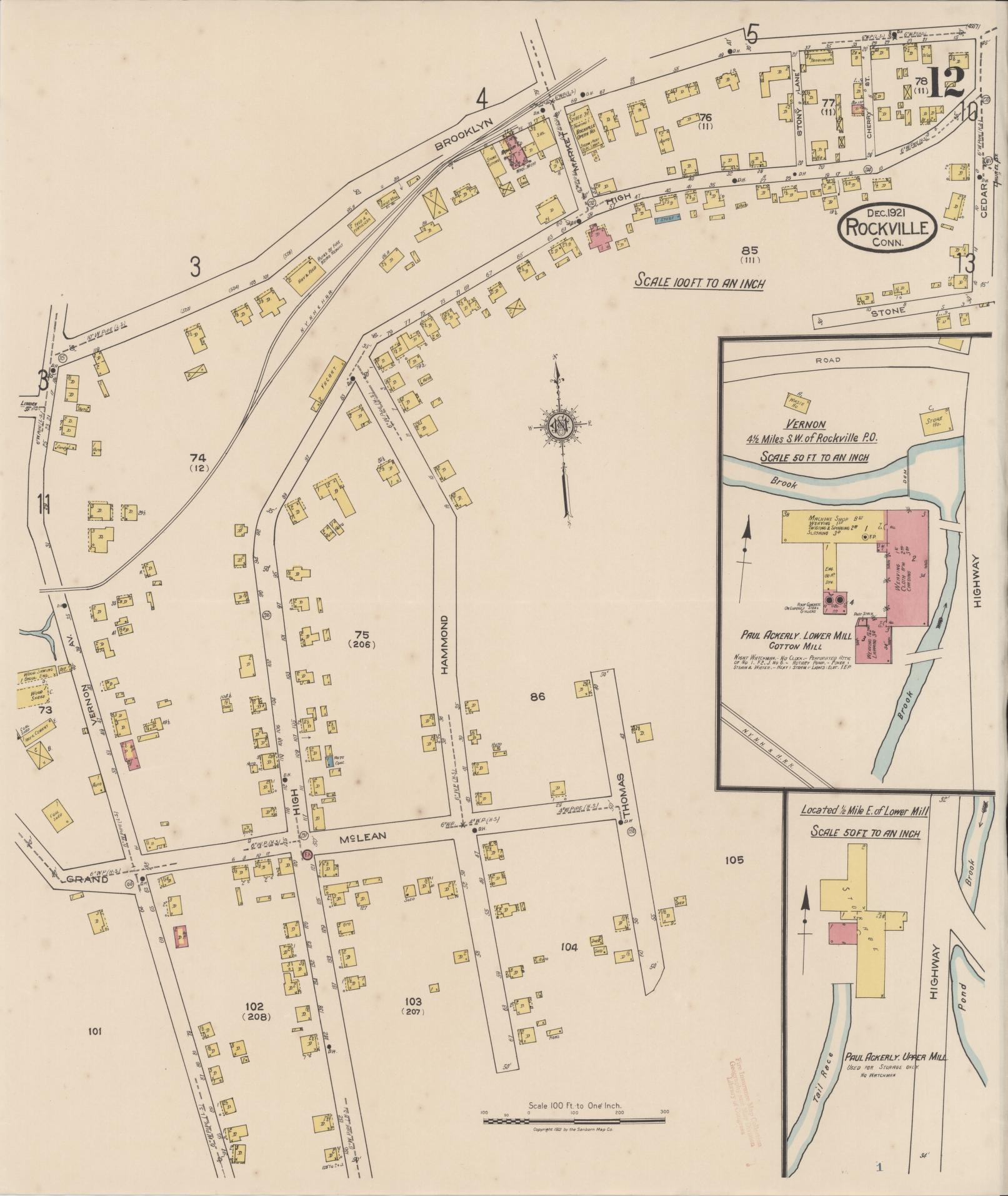Sanborn Fire Insurance Map from Rockville, Tolland County, Connecticut (1921), Sheet #0012 - Complete Map Set gallery image, historic Sanborn map, vintage wall art, Connecticut Connecticut