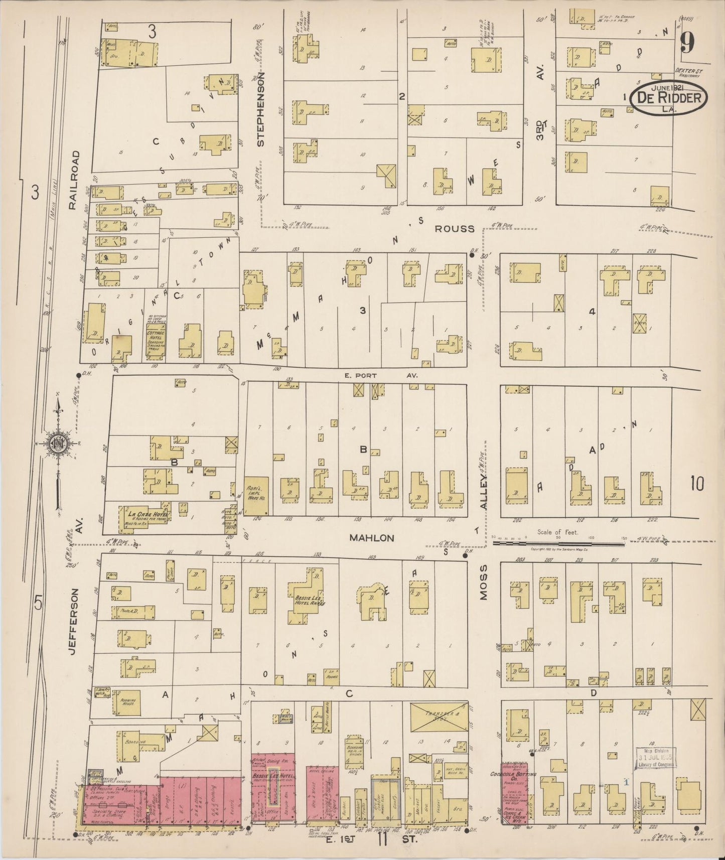 Sanborn Fire Insurance Map from De Ridder, Beauregard Parish, Louisiana (1921), Sheet #0009 - Complete Map Set gallery image, historic Sanborn map, vintage wall art, Louisiana Louisiana