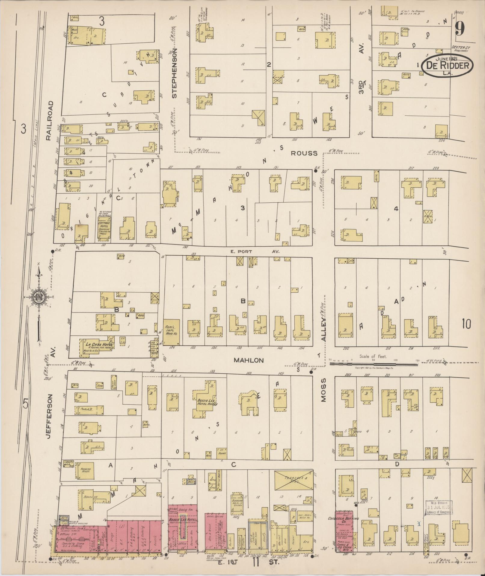 Sanborn Fire Insurance Map from De Ridder, Beauregard Parish, Louisiana (1921), Sheet #0009 - Complete Map Set gallery image, historic Sanborn map, vintage wall art, Louisiana Louisiana